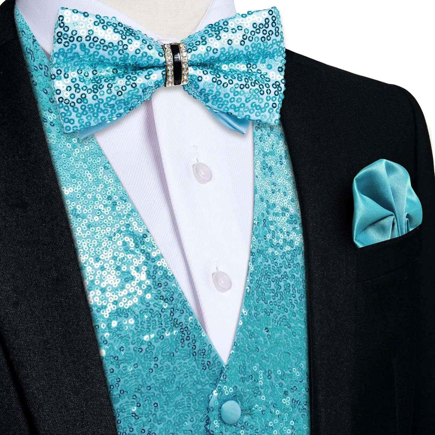 DiBanGu Mens Sequin Suit Vest and Tie Set, Shiny Dress Waistcoat & Bowtie with Tie Clip Lapel Pin for Party Prom Wedding