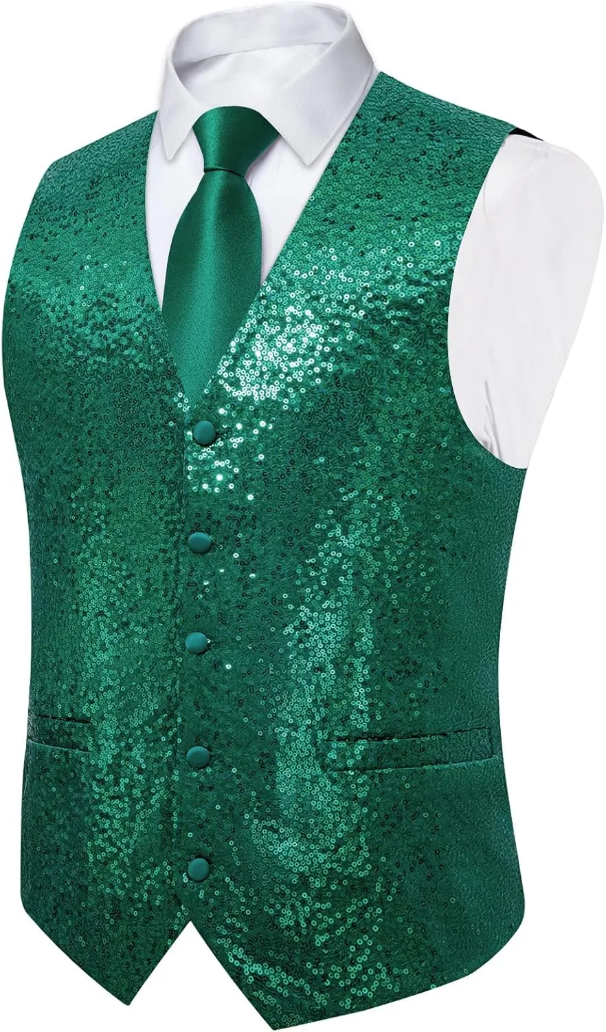 DiBanGu Mens Sequin Suit Vest and Tie Set, Shiny Dress Waistcoat & Bowtie with Tie Clip Lapel Pin for Party Prom Wedding