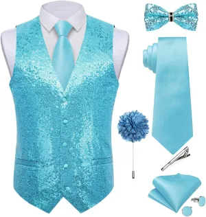 DiBanGu Mens Sequin Suit Vest and Tie Set, Shiny Dress Waistcoat & Bowtie with Tie Clip Lapel Pin for Party Prom Wedding