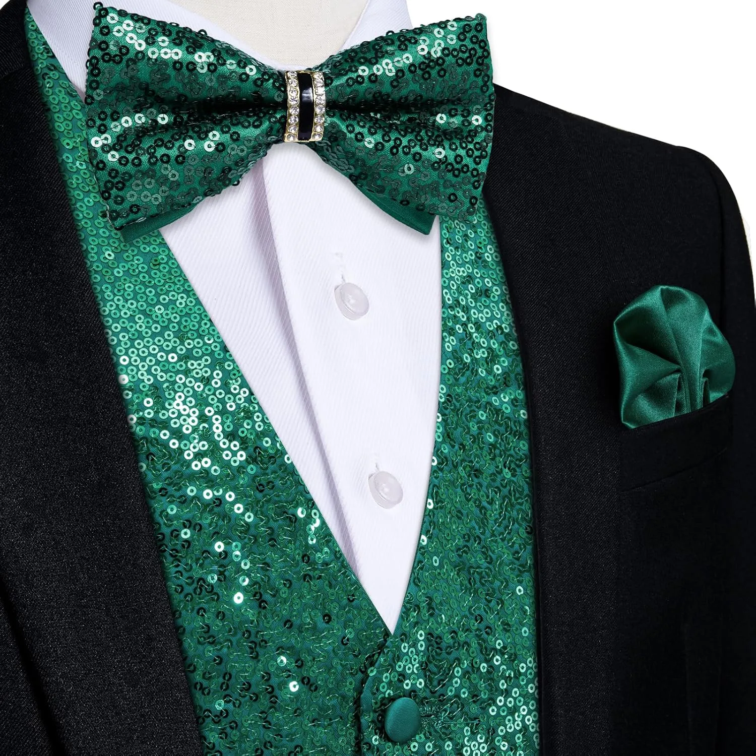 DiBanGu Mens Sequin Suit Vest and Tie Set, Shiny Dress Waistcoat & Bowtie with Tie Clip Lapel Pin for Party Prom Wedding