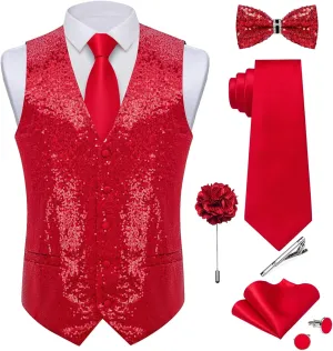 DiBanGu Mens Sequin Suit Vest and Tie Set, Shiny Dress Waistcoat & Bowtie with Tie Clip Lapel Pin for Party Prom Wedding