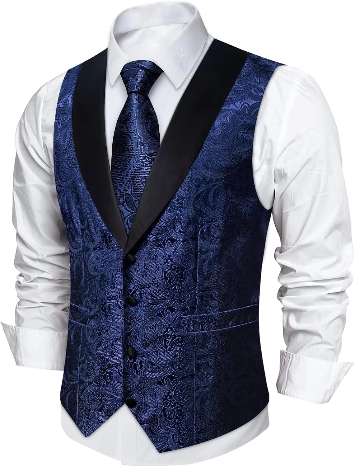 DiBanGu Mens Silk Vest and Tie Set 7PCS Paisley Suit Waistcoat and Necktie with Lapel Pin for Wedding Shawl Collar Dress Vest
