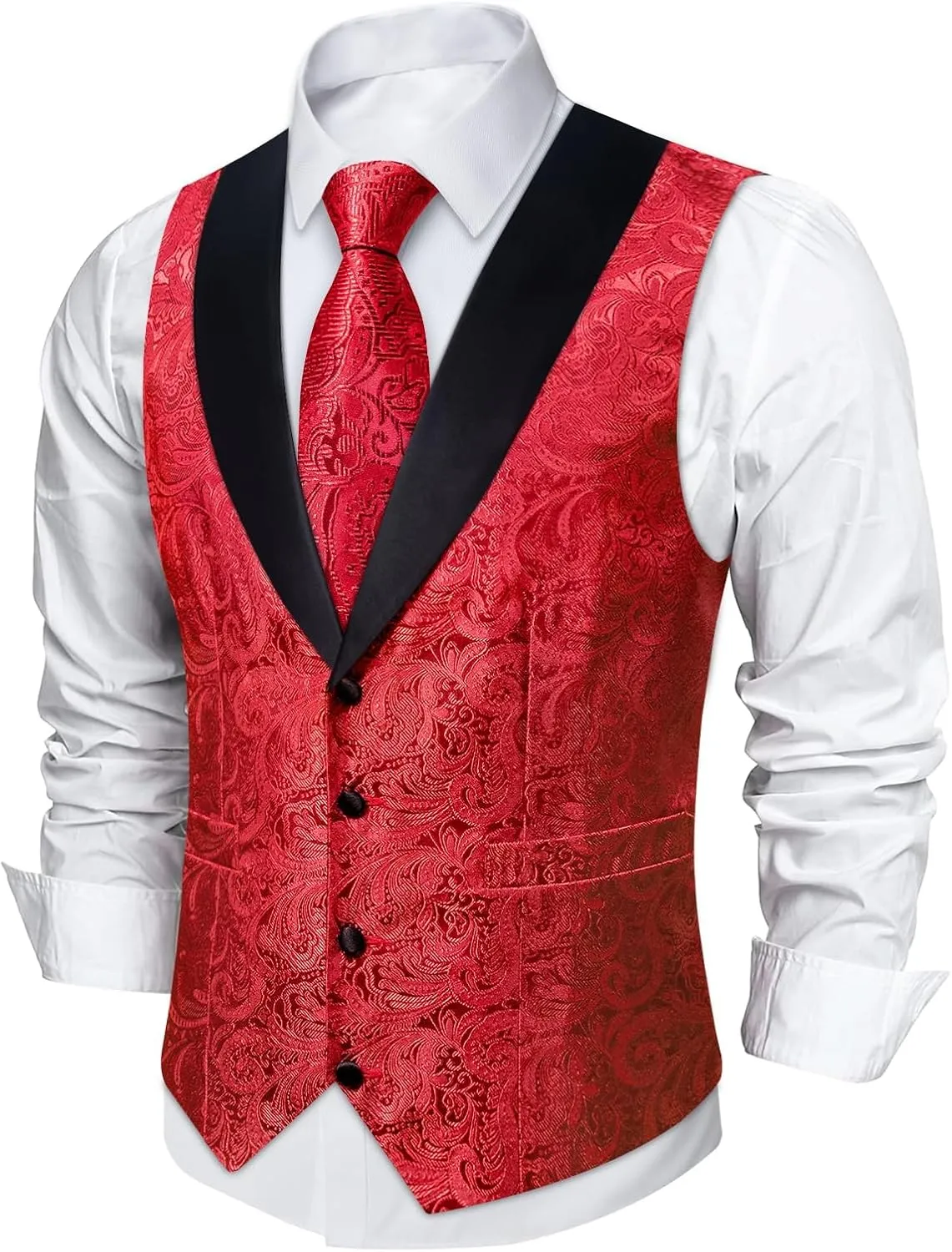 DiBanGu Mens Silk Vest and Tie Set 7PCS Paisley Suit Waistcoat and Necktie with Lapel Pin for Wedding Shawl Collar Dress Vest