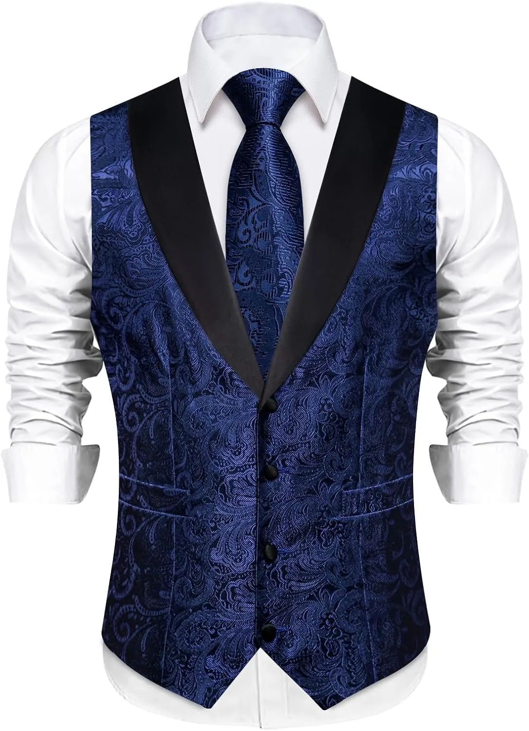 DiBanGu Mens Silk Vest and Tie Set 7PCS Paisley Suit Waistcoat and Necktie with Lapel Pin for Wedding Shawl Collar Dress Vest
