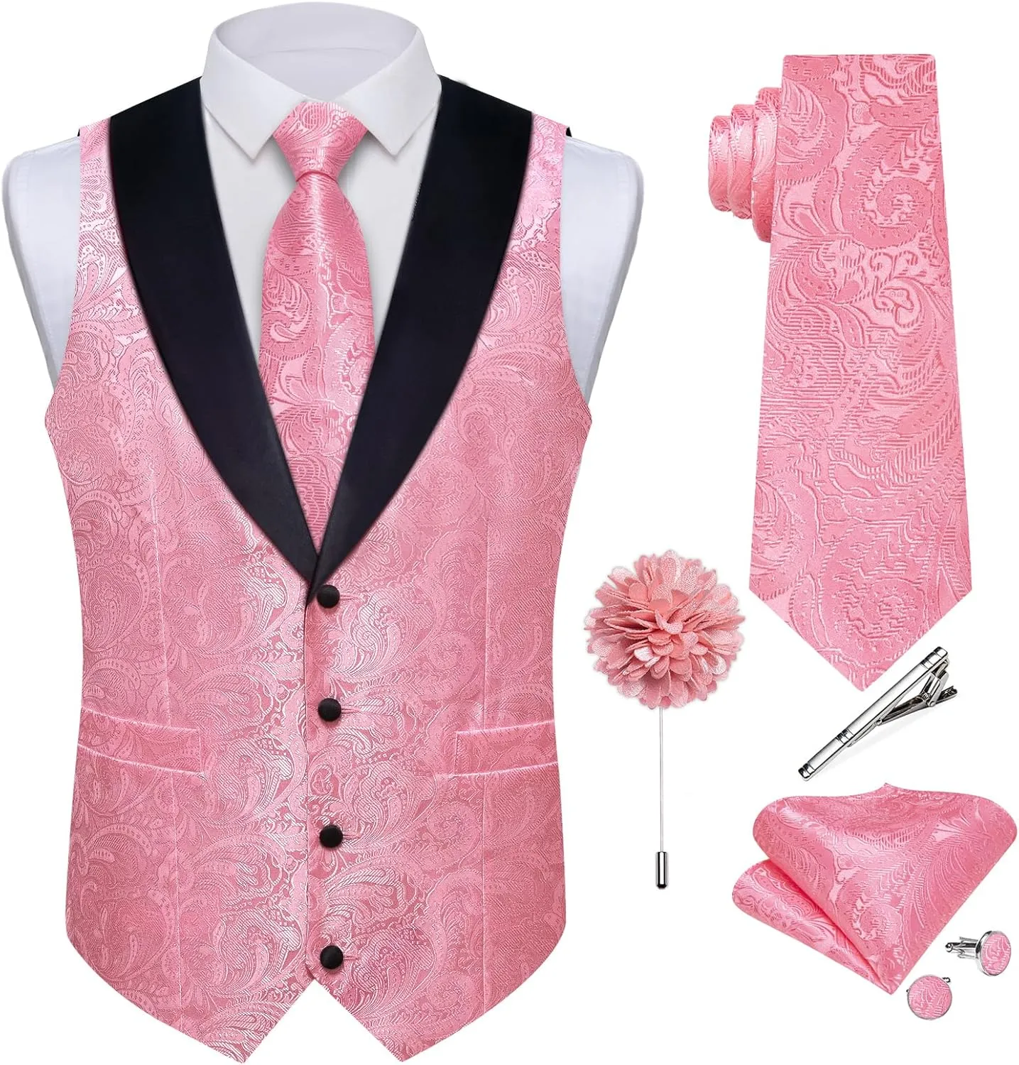 DiBanGu Mens Silk Vest and Tie Set 7PCS Paisley Suit Waistcoat and Necktie with Lapel Pin for Wedding Shawl Collar Dress Vest