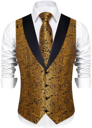 DiBanGu Mens Silk Vest and Tie Set 7PCS Paisley Suit Waistcoat and Necktie with Lapel Pin for Wedding Shawl Collar Dress Vest