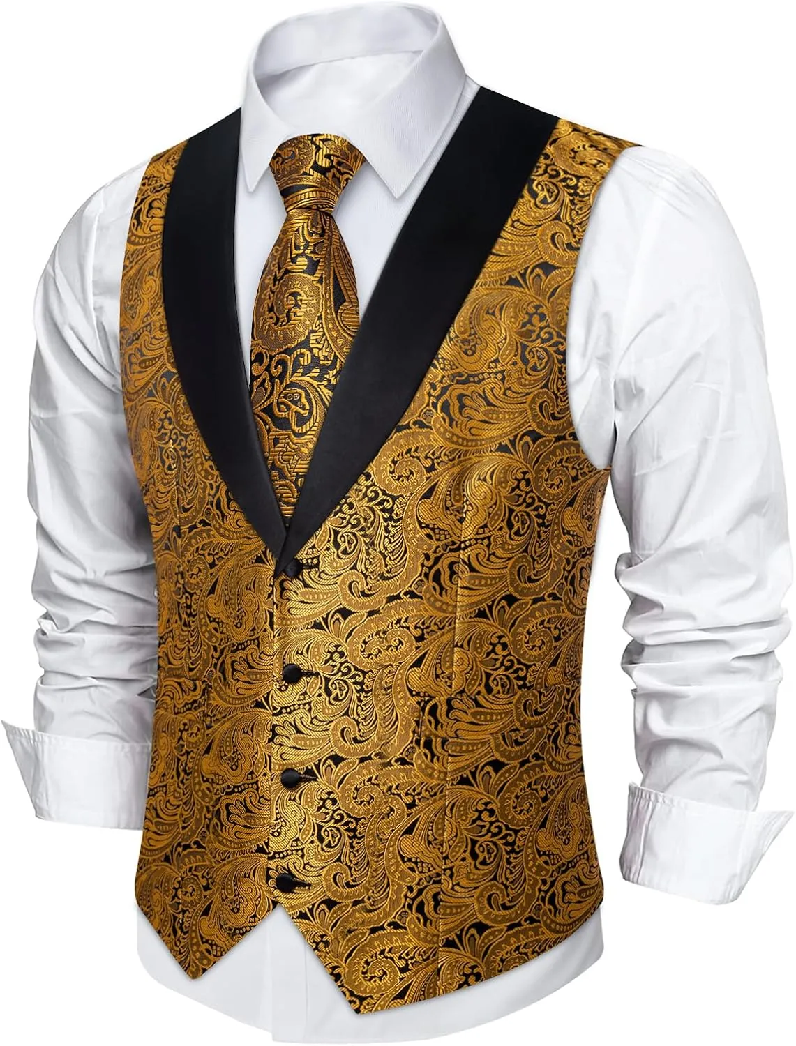 DiBanGu Mens Silk Vest and Tie Set 7PCS Paisley Suit Waistcoat and Necktie with Lapel Pin for Wedding Shawl Collar Dress Vest
