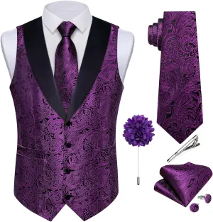DiBanGu Mens Silk Vest and Tie Set 7PCS Paisley Suit Waistcoat and Necktie with Lapel Pin for Wedding Shawl Collar Dress Vest