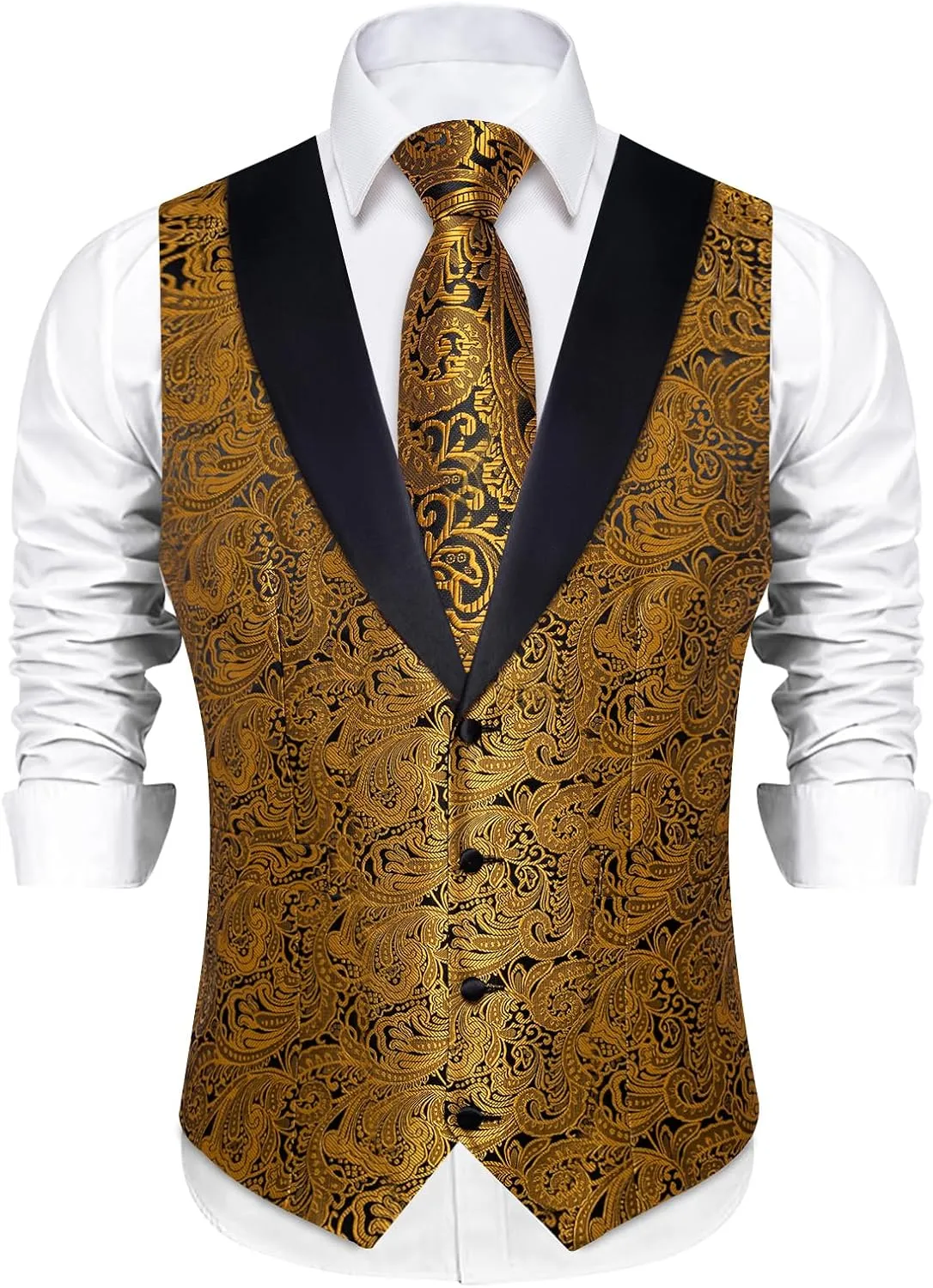 DiBanGu Mens Silk Vest and Tie Set 7PCS Paisley Suit Waistcoat and Necktie with Lapel Pin for Wedding Shawl Collar Dress Vest
