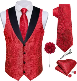 DiBanGu Mens Silk Vest and Tie Set 7PCS Paisley Suit Waistcoat and Necktie with Lapel Pin for Wedding Shawl Collar Dress Vest