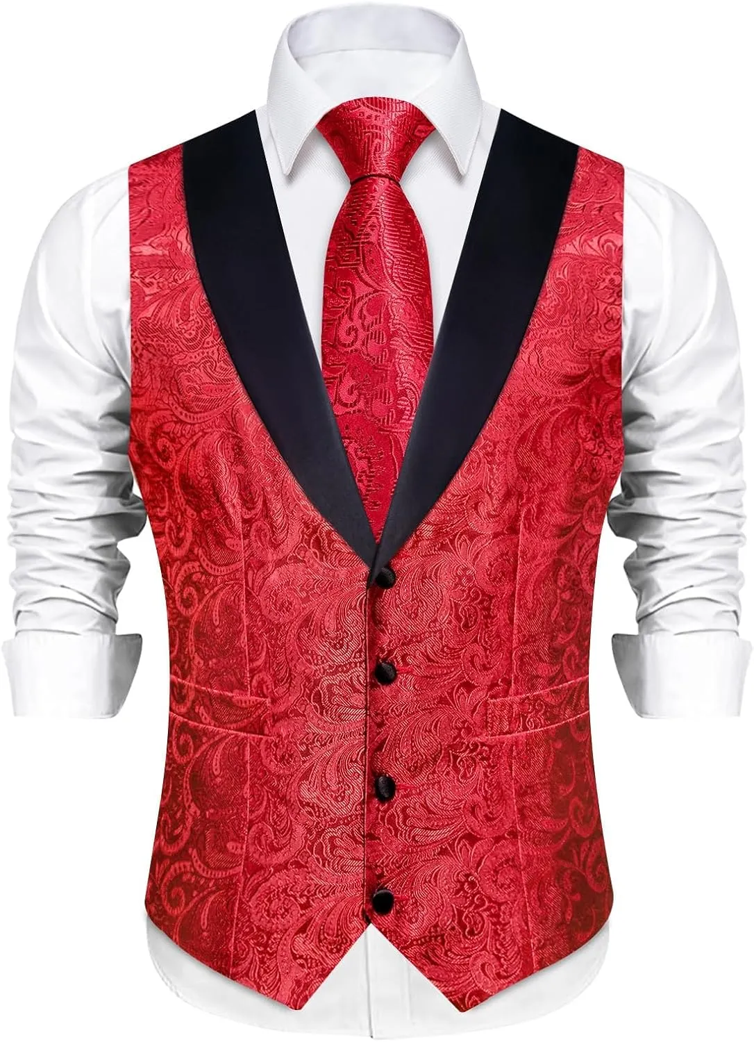 DiBanGu Mens Silk Vest and Tie Set 7PCS Paisley Suit Waistcoat and Necktie with Lapel Pin for Wedding Shawl Collar Dress Vest