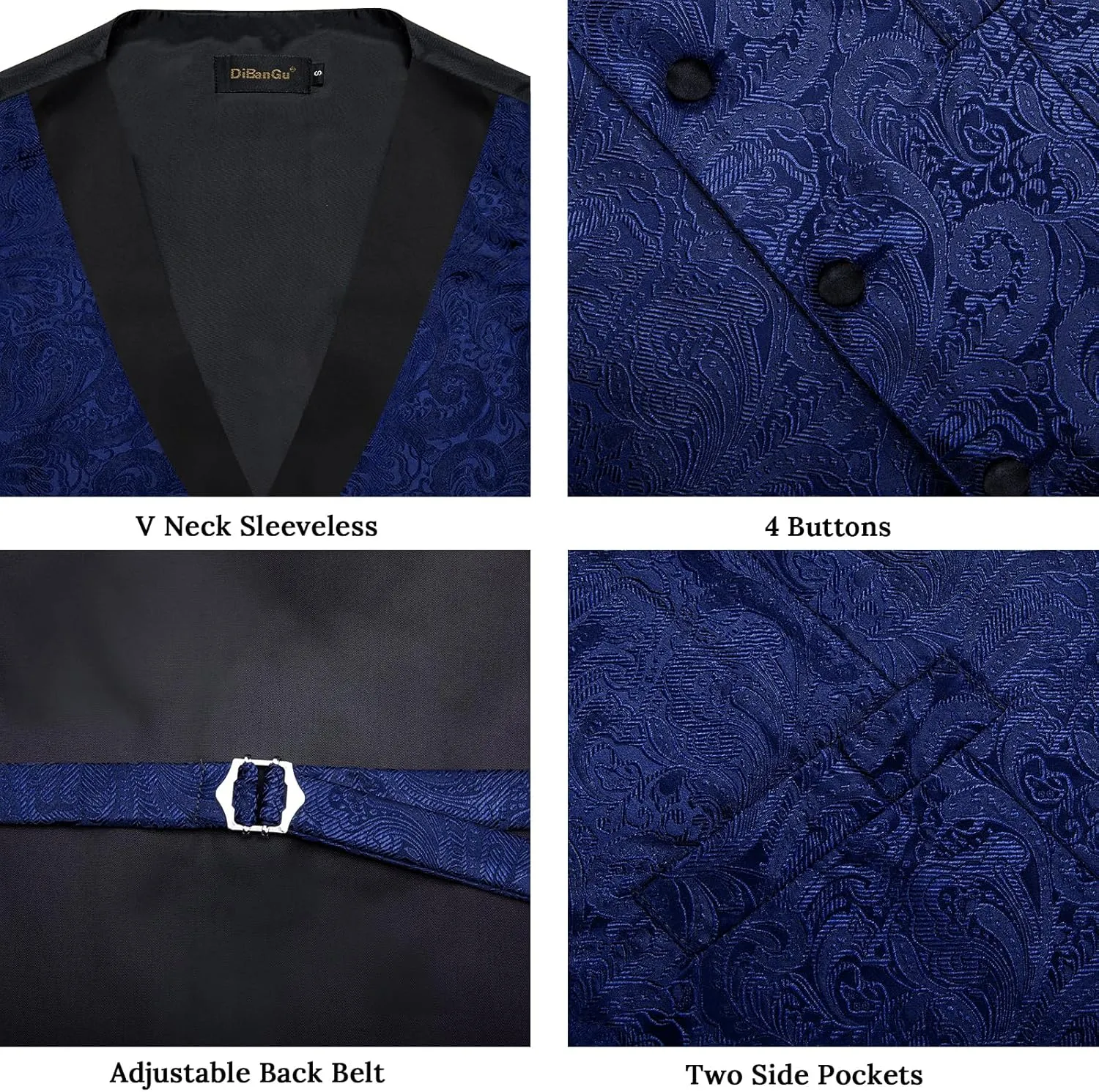 DiBanGu Mens Silk Vest and Tie Set 7PCS Paisley Suit Waistcoat and Necktie with Lapel Pin for Wedding Shawl Collar Dress Vest