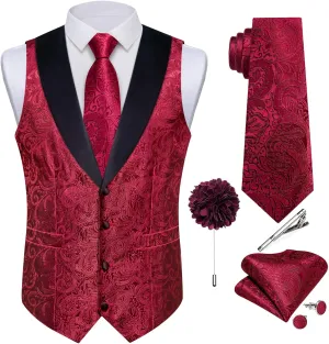 DiBanGu Mens Silk Vest and Tie Set 7PCS Paisley Suit Waistcoat and Necktie with Lapel Pin for Wedding Shawl Collar Dress Vest