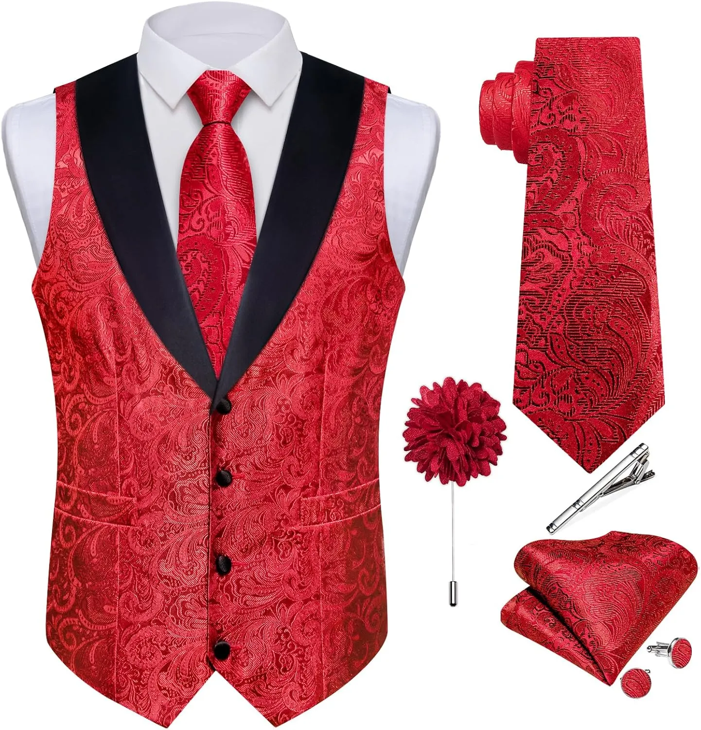DiBanGu Mens Silk Vest and Tie Set 7PCS Paisley Suit Waistcoat and Necktie with Lapel Pin for Wedding Shawl Collar Dress Vest