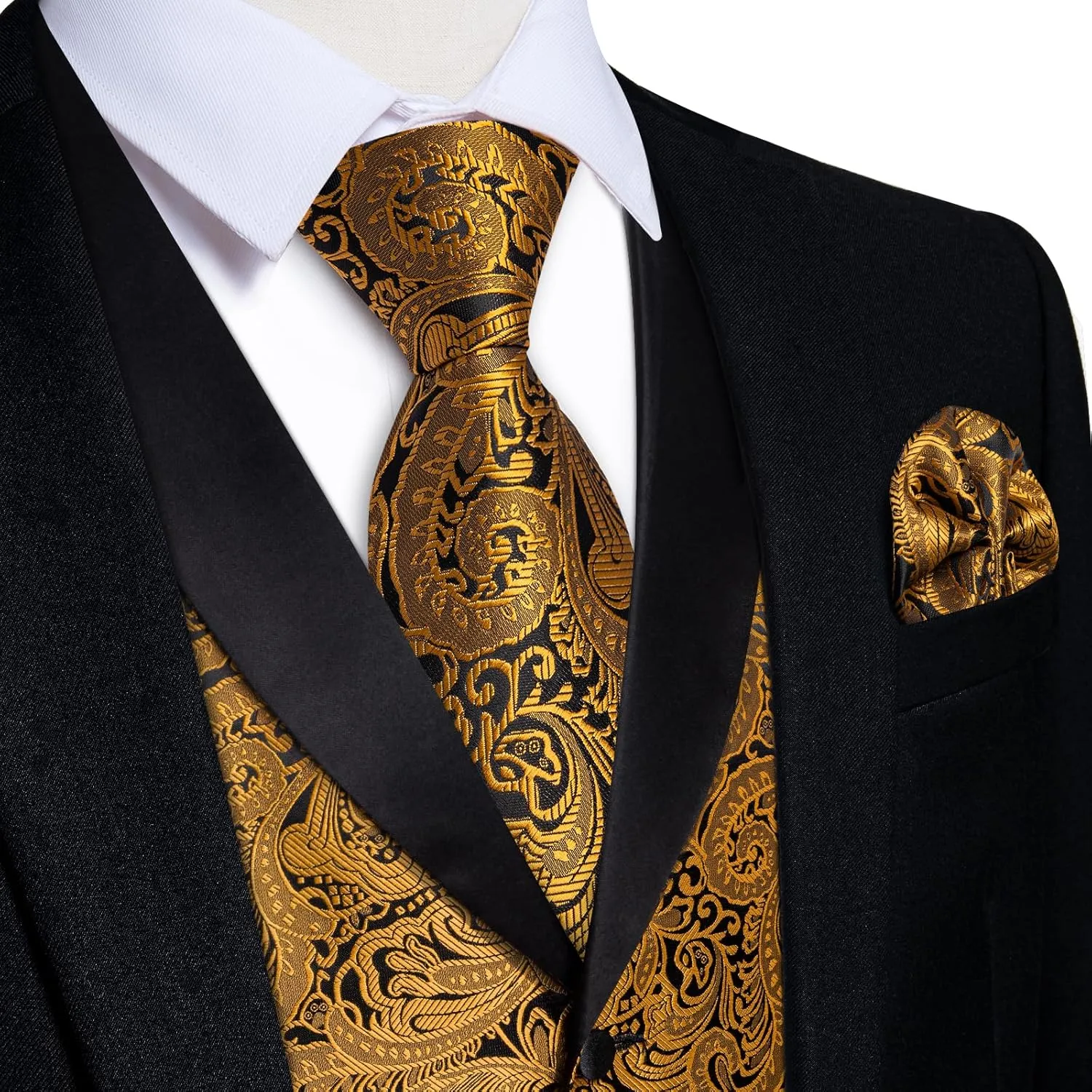 DiBanGu Mens Silk Vest and Tie Set 7PCS Paisley Suit Waistcoat and Necktie with Lapel Pin for Wedding Shawl Collar Dress Vest