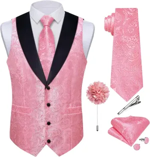 DiBanGu Mens Silk Vest and Tie Set 7PCS Paisley Suit Waistcoat and Necktie with Lapel Pin for Wedding Shawl Collar Dress Vest