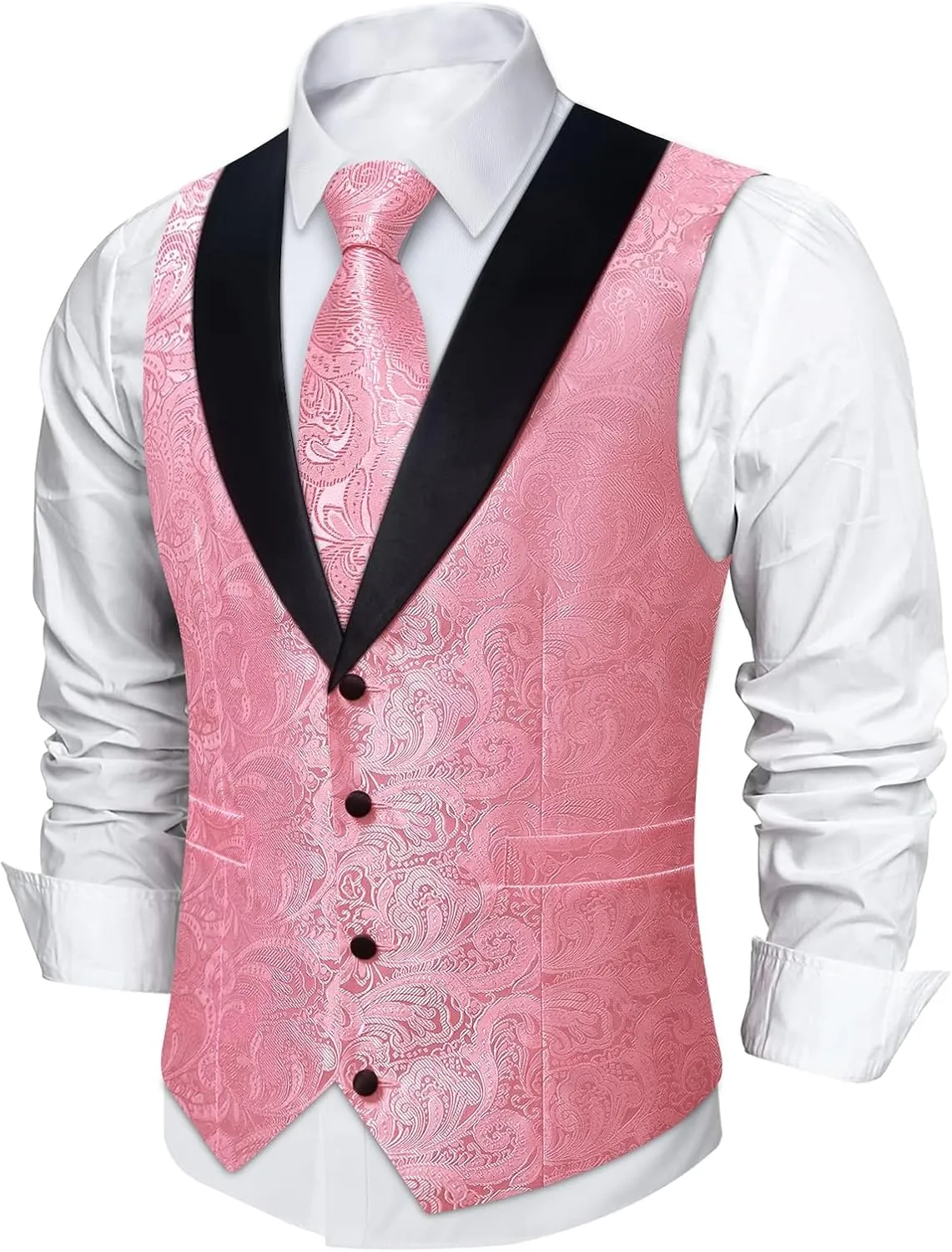 DiBanGu Mens Silk Vest and Tie Set 7PCS Paisley Suit Waistcoat and Necktie with Lapel Pin for Wedding Shawl Collar Dress Vest