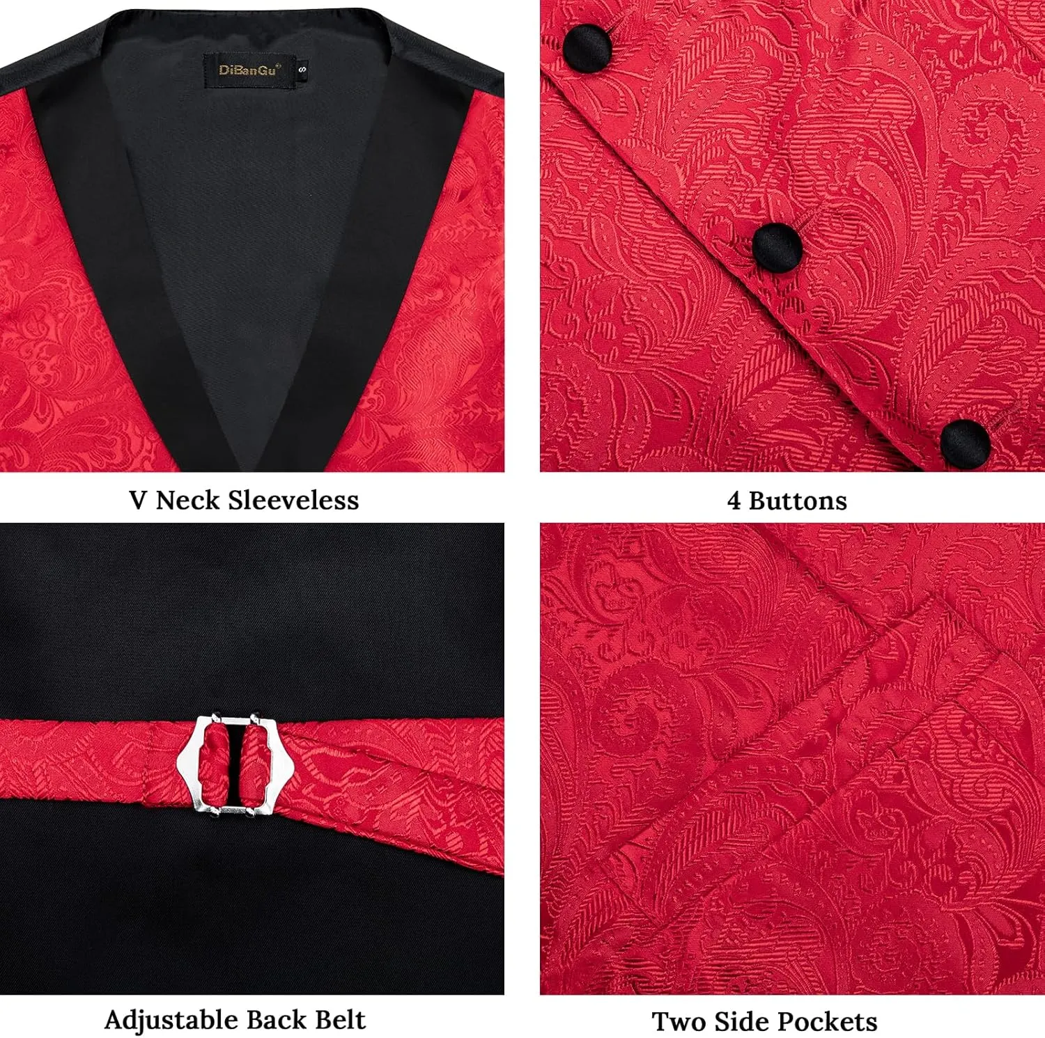 DiBanGu Mens Silk Vest and Tie Set 7PCS Paisley Suit Waistcoat and Necktie with Lapel Pin for Wedding Shawl Collar Dress Vest
