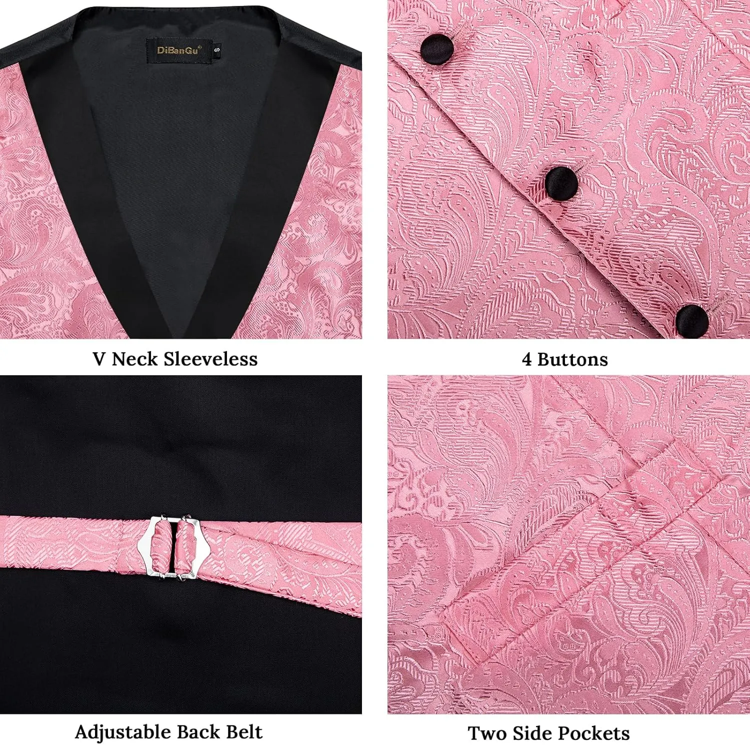 DiBanGu Mens Silk Vest and Tie Set 7PCS Paisley Suit Waistcoat and Necktie with Lapel Pin for Wedding Shawl Collar Dress Vest