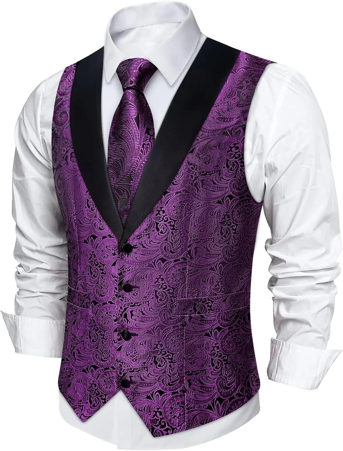 DiBanGu Mens Silk Vest and Tie Set 7PCS Paisley Suit Waistcoat and Necktie with Lapel Pin for Wedding Shawl Collar Dress Vest