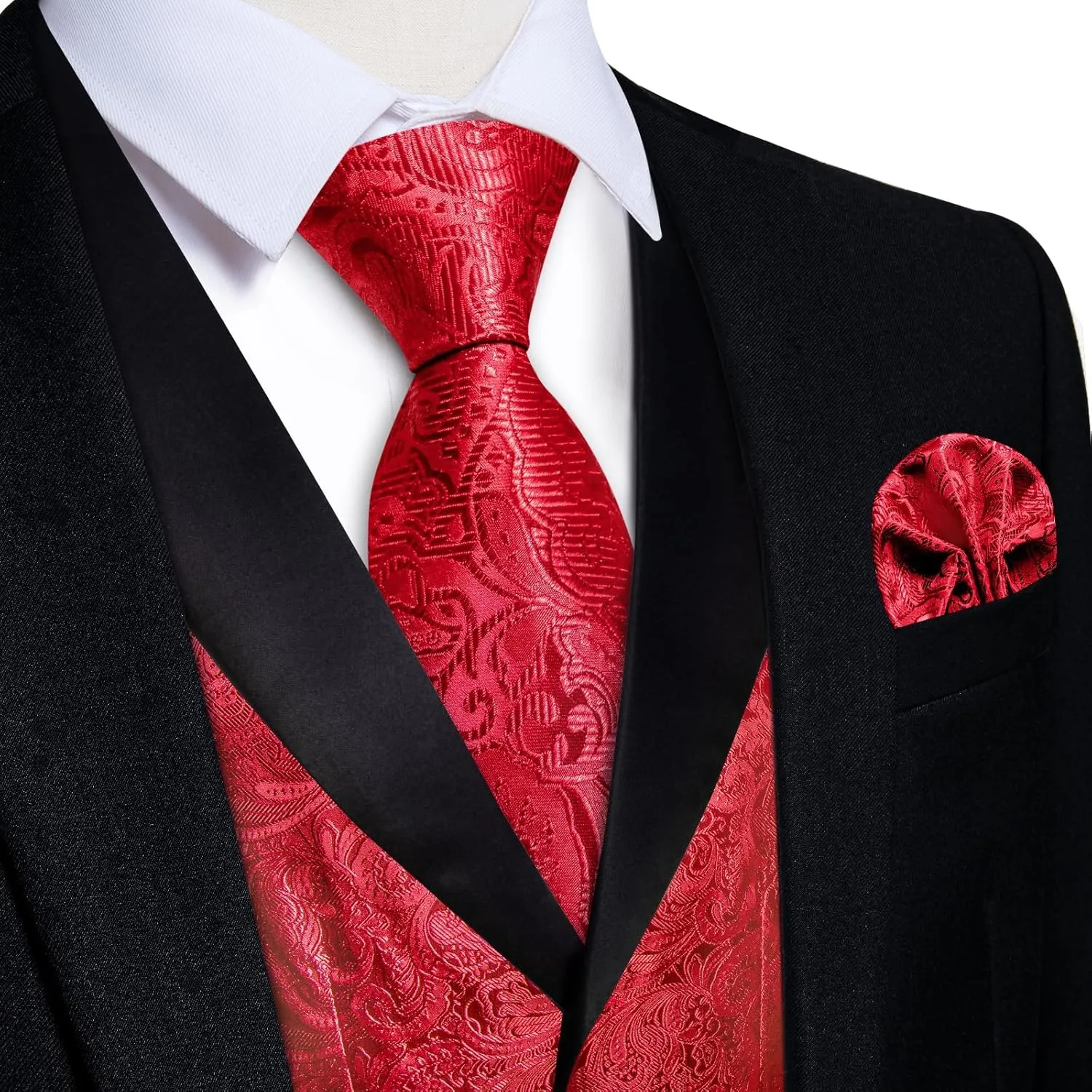 DiBanGu Mens Silk Vest and Tie Set 7PCS Paisley Suit Waistcoat and Necktie with Lapel Pin for Wedding Shawl Collar Dress Vest