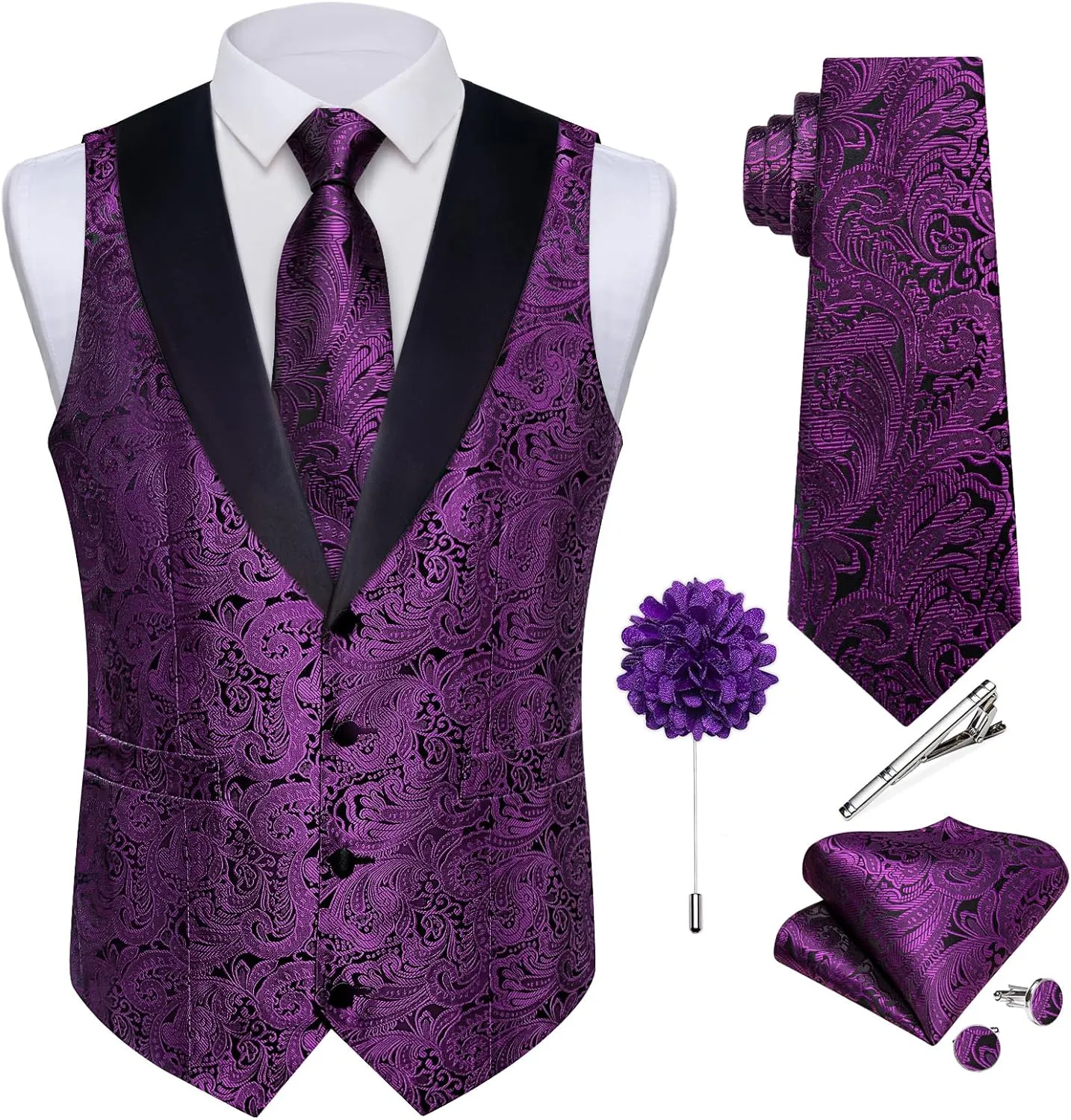 DiBanGu Mens Silk Vest and Tie Set 7PCS Paisley Suit Waistcoat and Necktie with Lapel Pin for Wedding Shawl Collar Dress Vest