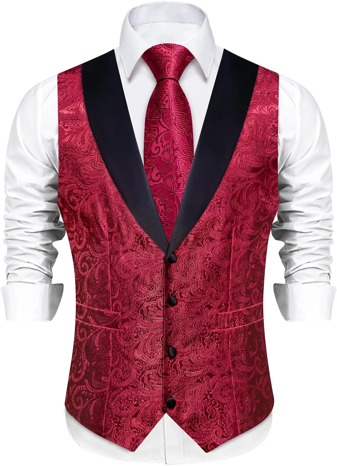 DiBanGu Mens Silk Vest and Tie Set 7PCS Paisley Suit Waistcoat and Necktie with Lapel Pin for Wedding Shawl Collar Dress Vest