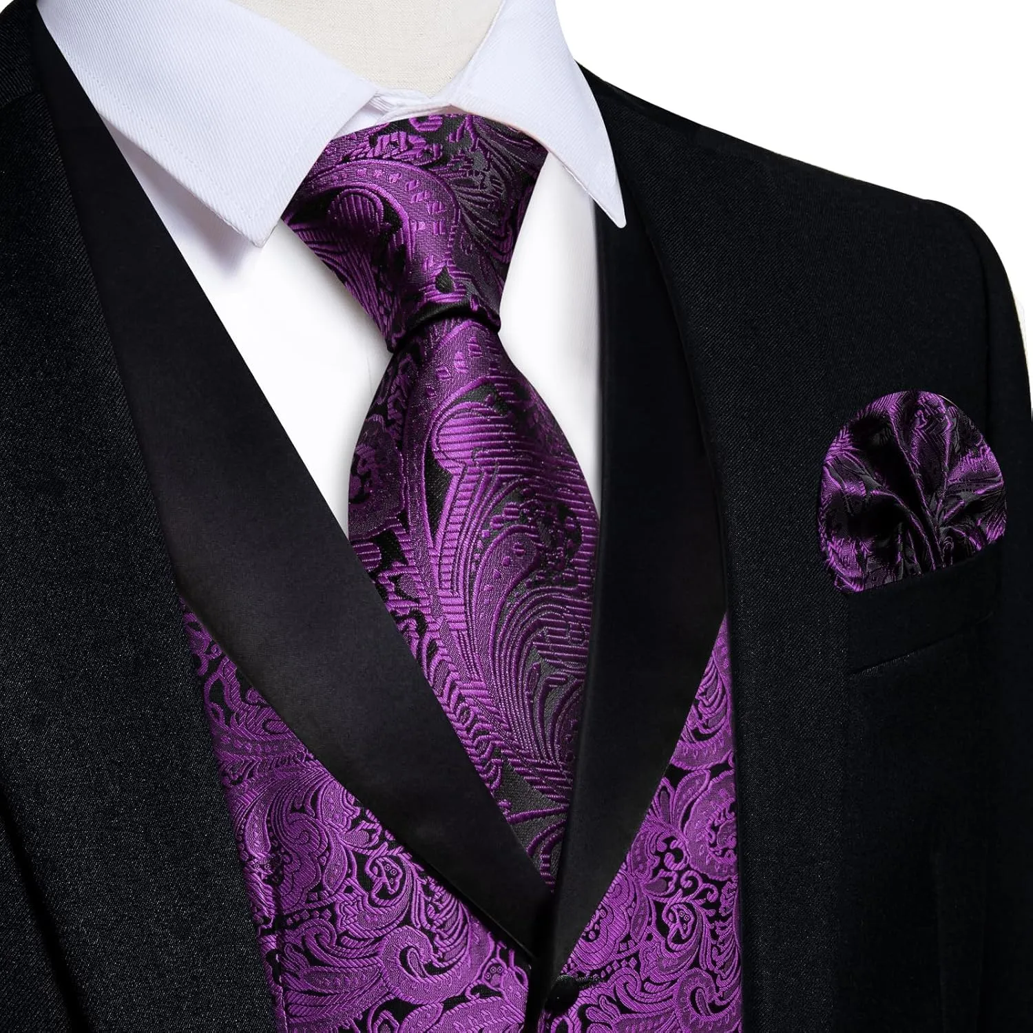 DiBanGu Mens Silk Vest and Tie Set 7PCS Paisley Suit Waistcoat and Necktie with Lapel Pin for Wedding Shawl Collar Dress Vest