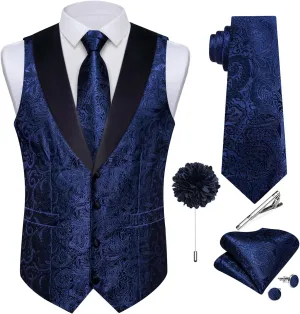 DiBanGu Mens Silk Vest and Tie Set 7PCS Paisley Suit Waistcoat and Necktie with Lapel Pin for Wedding Shawl Collar Dress Vest