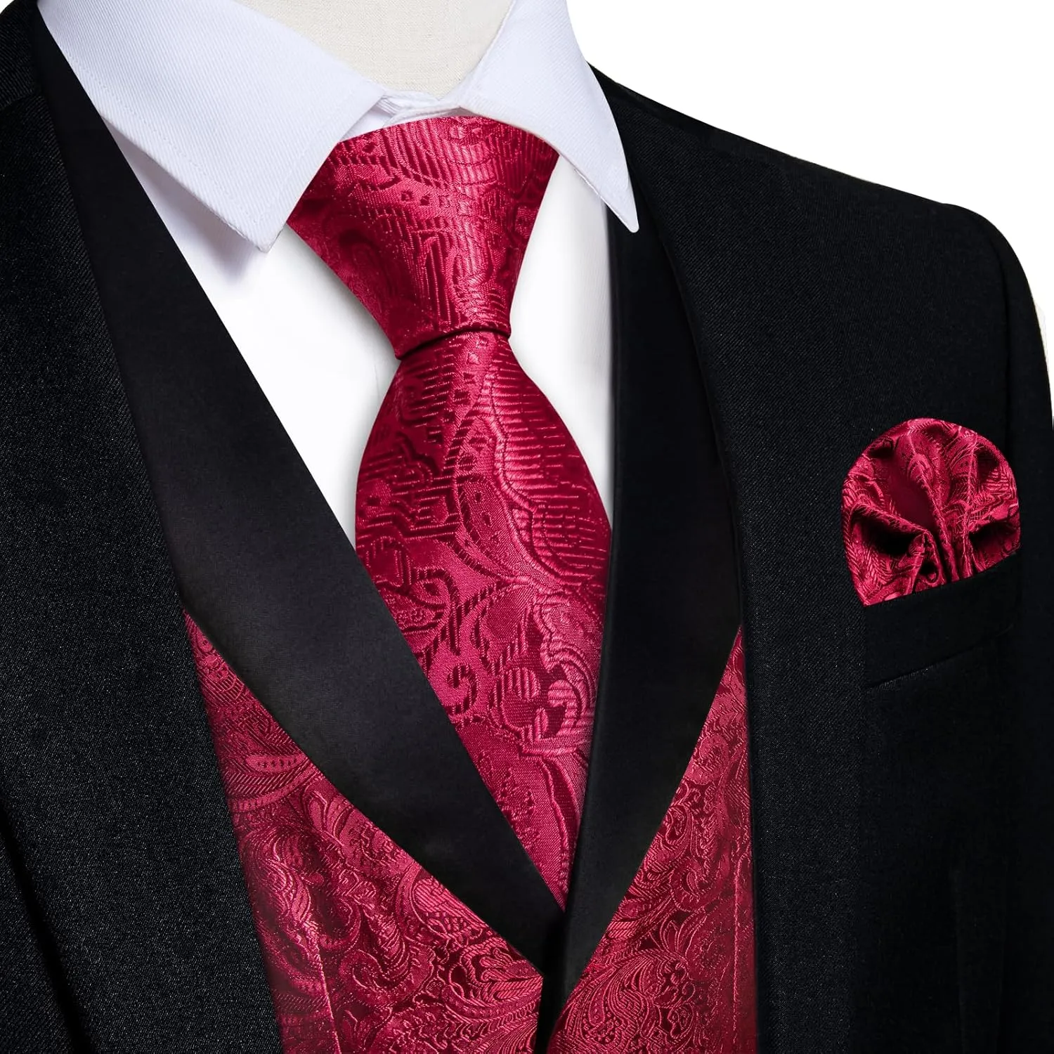 DiBanGu Mens Silk Vest and Tie Set 7PCS Paisley Suit Waistcoat and Necktie with Lapel Pin for Wedding Shawl Collar Dress Vest