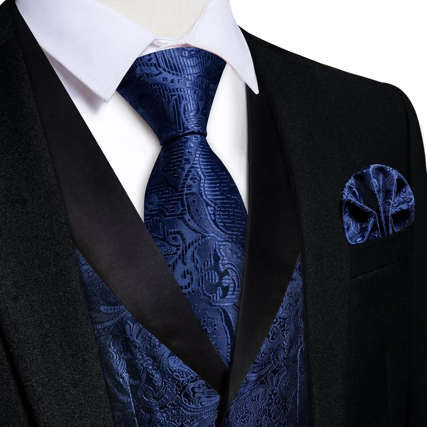 DiBanGu Mens Silk Vest and Tie Set 7PCS Paisley Suit Waistcoat and Necktie with Lapel Pin for Wedding Shawl Collar Dress Vest