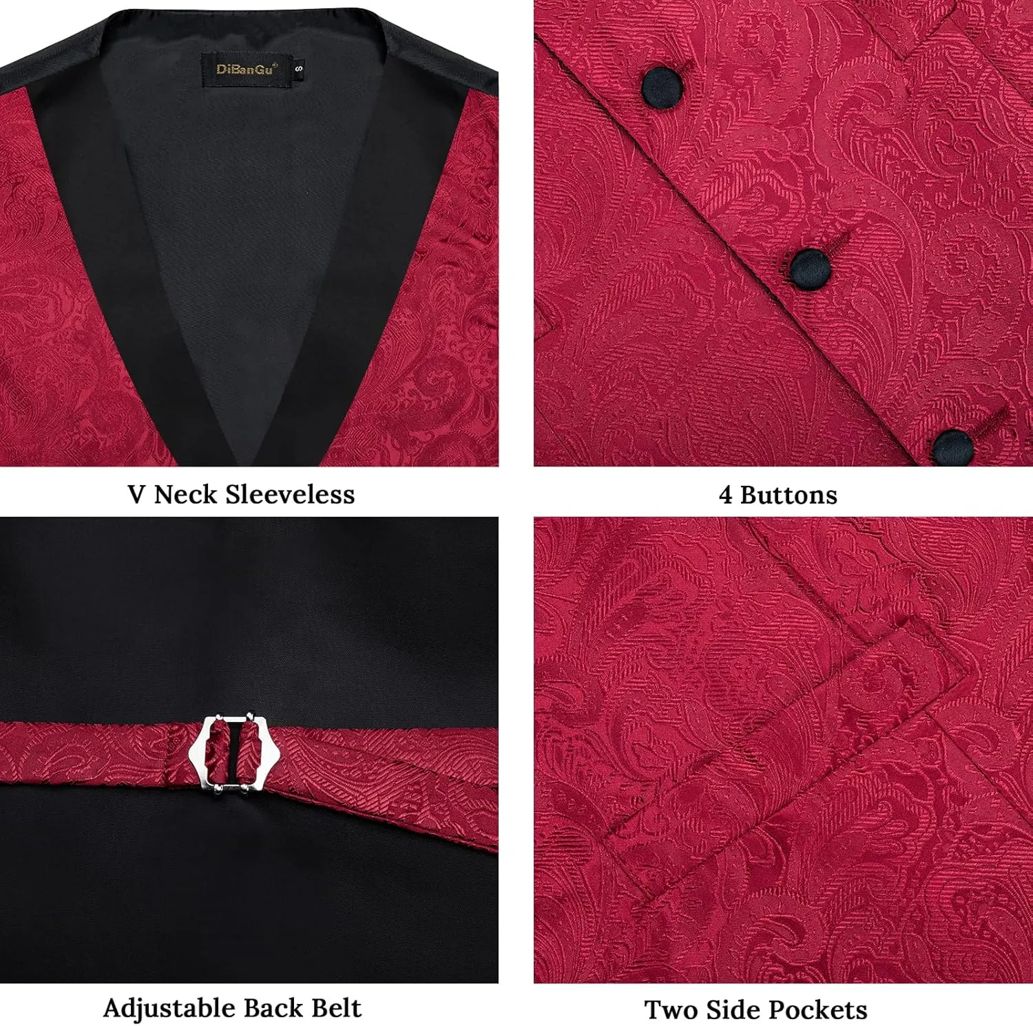 DiBanGu Mens Silk Vest and Tie Set 7PCS Paisley Suit Waistcoat and Necktie with Lapel Pin for Wedding Shawl Collar Dress Vest