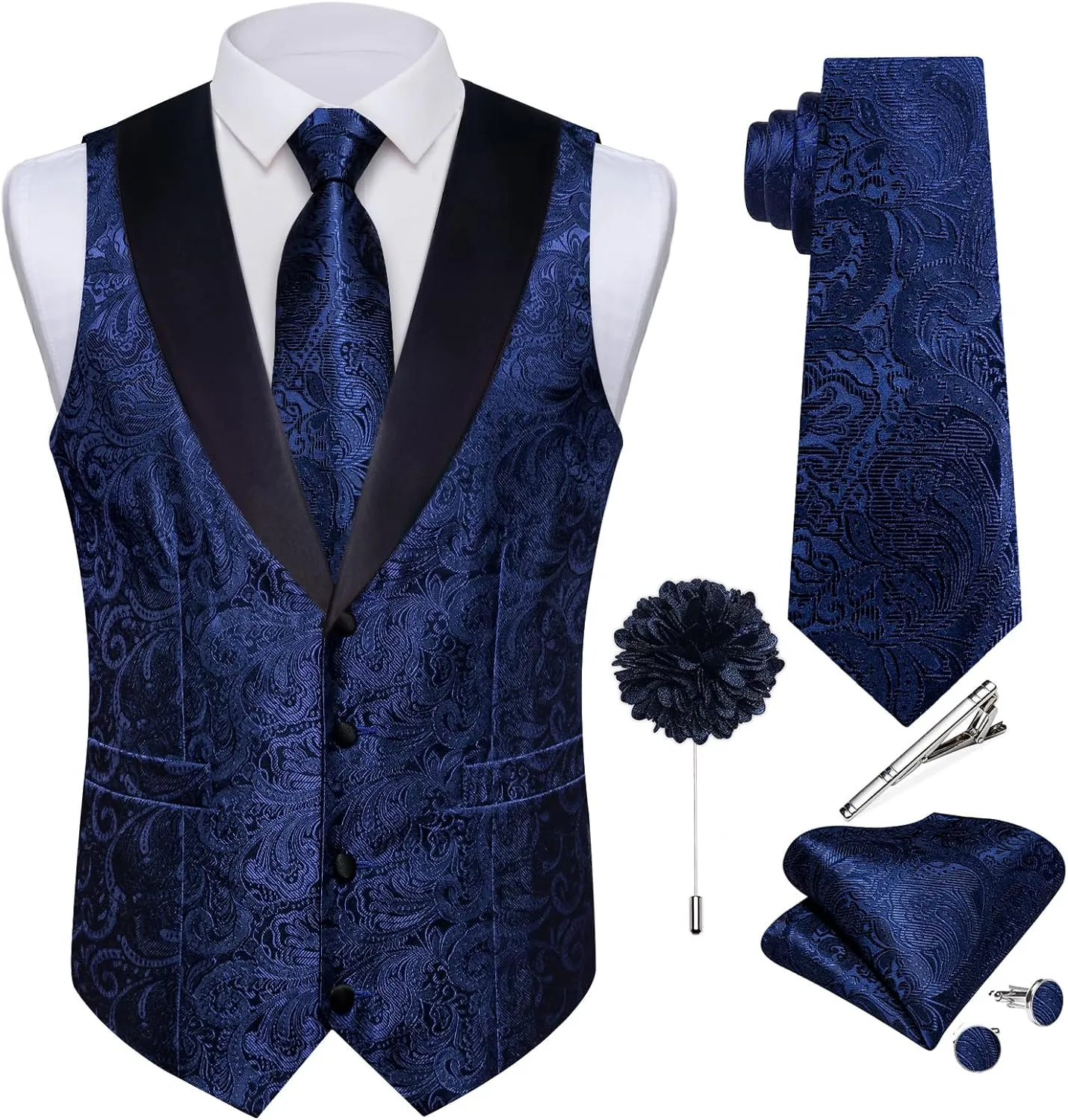 DiBanGu Mens Silk Vest and Tie Set 7PCS Paisley Suit Waistcoat and Necktie with Lapel Pin for Wedding Shawl Collar Dress Vest