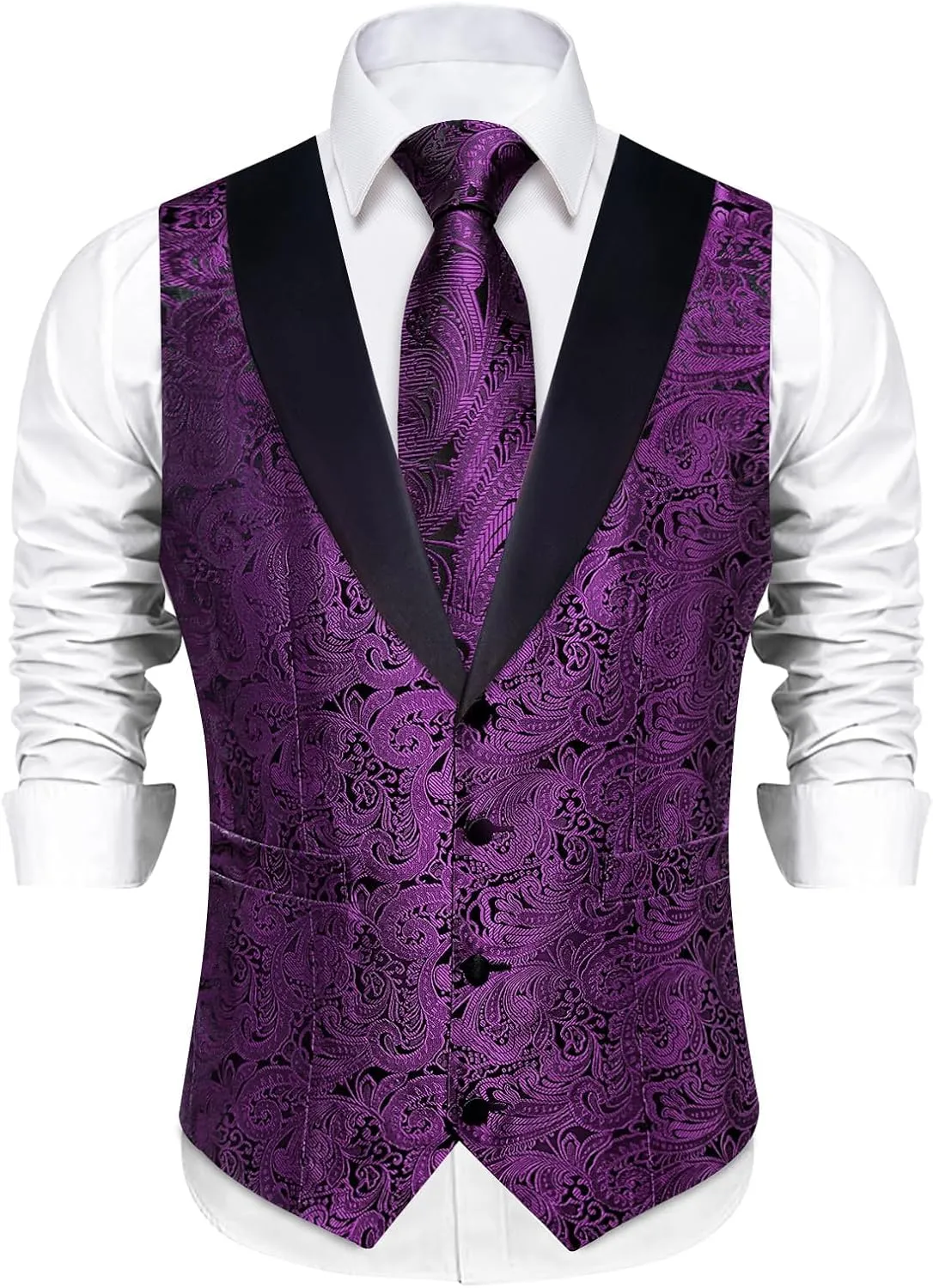 DiBanGu Mens Silk Vest and Tie Set 7PCS Paisley Suit Waistcoat and Necktie with Lapel Pin for Wedding Shawl Collar Dress Vest