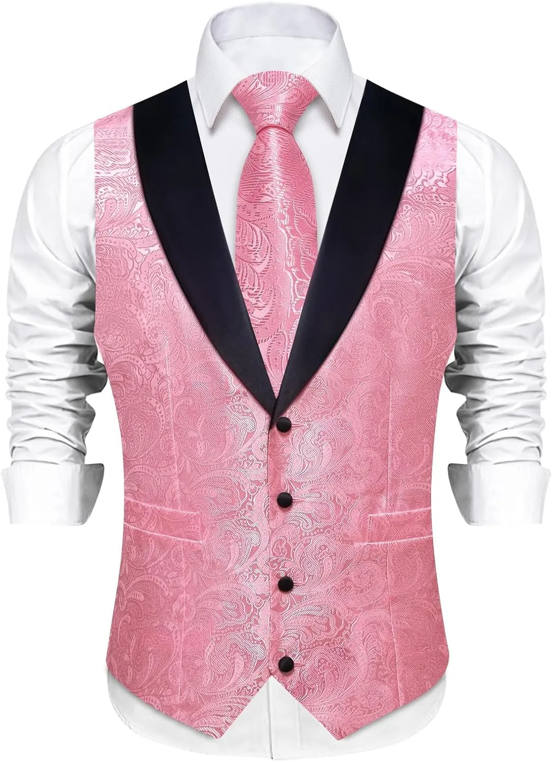 DiBanGu Mens Silk Vest and Tie Set 7PCS Paisley Suit Waistcoat and Necktie with Lapel Pin for Wedding Shawl Collar Dress Vest