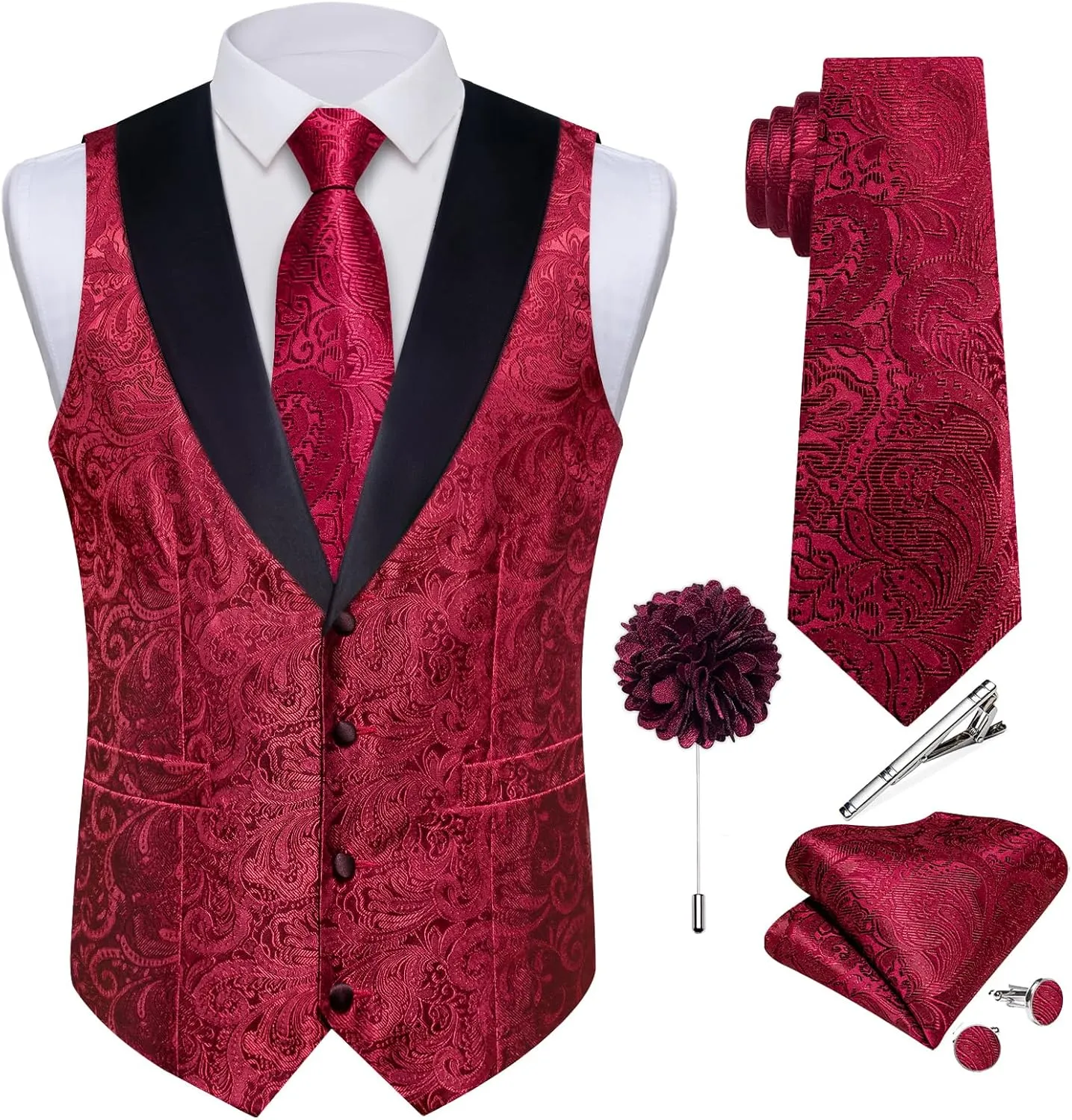 DiBanGu Mens Silk Vest and Tie Set 7PCS Paisley Suit Waistcoat and Necktie with Lapel Pin for Wedding Shawl Collar Dress Vest
