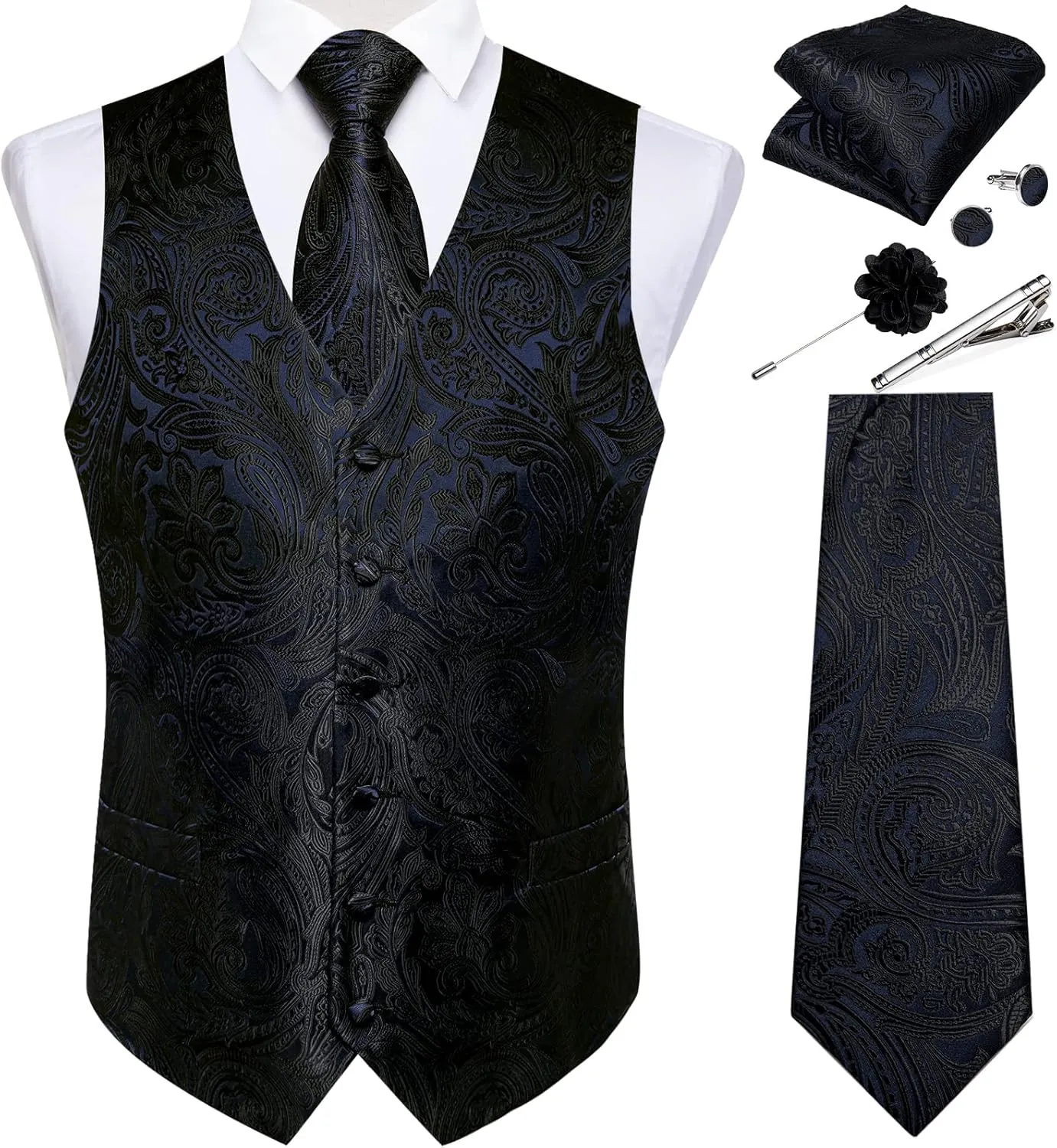 DiBanGu Mens Vest and Tie Set Formal Paisley Waistcoat and Necktie Pocket Square Cufflinks Silk Suit Vest for Tuxedo Wedding