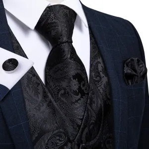 DiBanGu Mens Vest and Tie Set Formal Paisley Waistcoat and Necktie Pocket Square Cufflinks Silk Suit Vest for Tuxedo Wedding