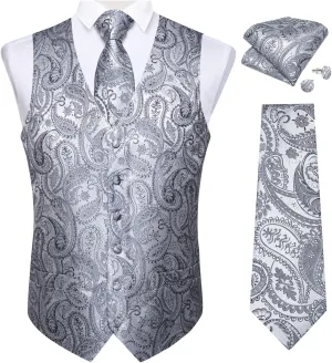 DiBanGu Mens Vest and Tie Set Formal Paisley Waistcoat and Necktie Pocket Square Cufflinks Silk Suit Vest for Tuxedo Wedding
