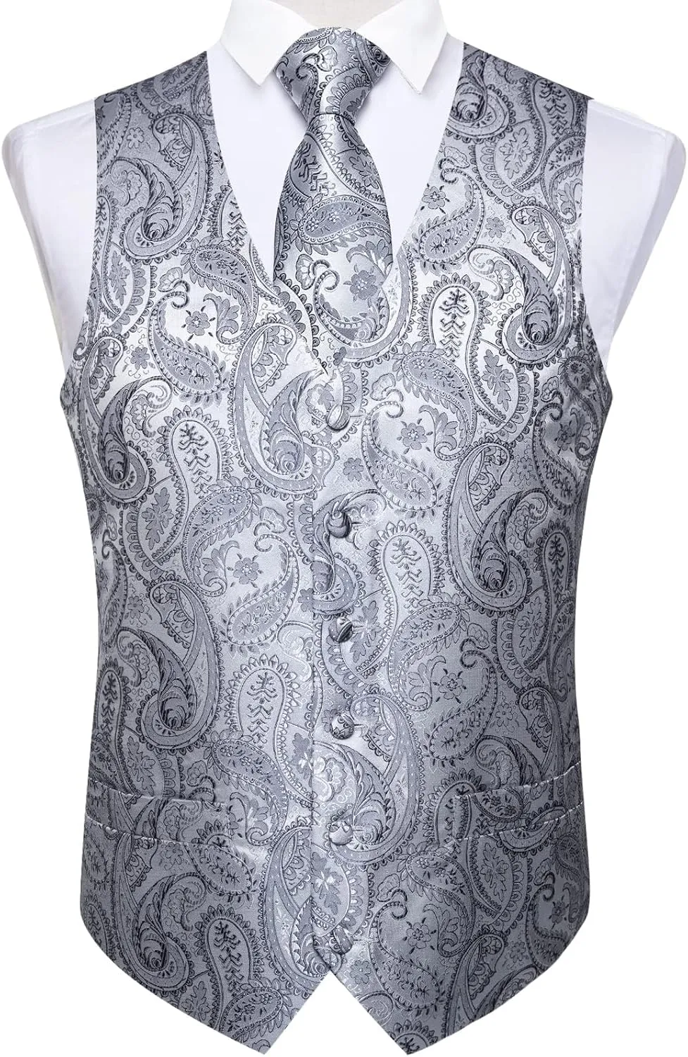 DiBanGu Mens Vest and Tie Set Formal Paisley Waistcoat and Necktie Pocket Square Cufflinks Silk Suit Vest for Tuxedo Wedding