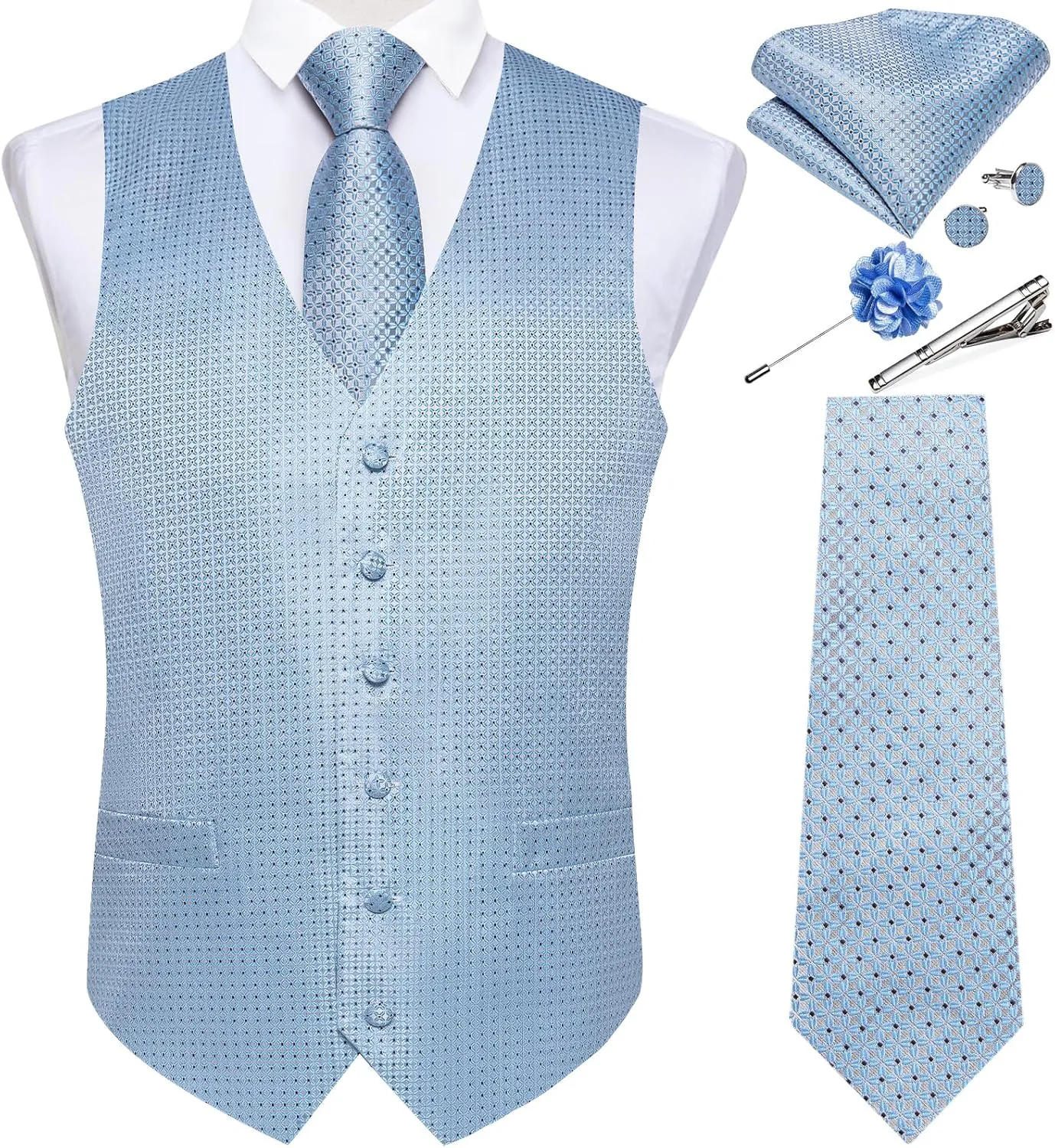 DiBanGu Mens Vest and Tie Set Formal Paisley Waistcoat and Necktie Pocket Square Cufflinks Silk Suit Vest for Tuxedo Wedding
