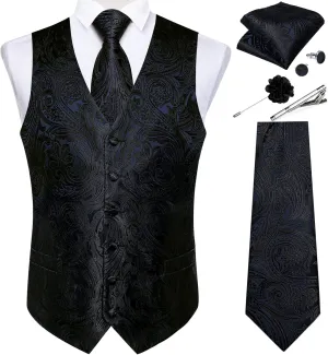 DiBanGu Mens Vest and Tie Set Formal Paisley Waistcoat and Necktie Pocket Square Cufflinks Silk Suit Vest for Tuxedo Wedding