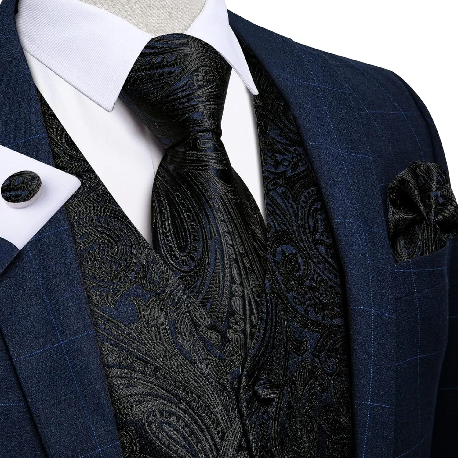 DiBanGu Mens Vest and Tie Set Formal Paisley Waistcoat and Necktie Pocket Square Cufflinks Silk Suit Vest for Tuxedo Wedding