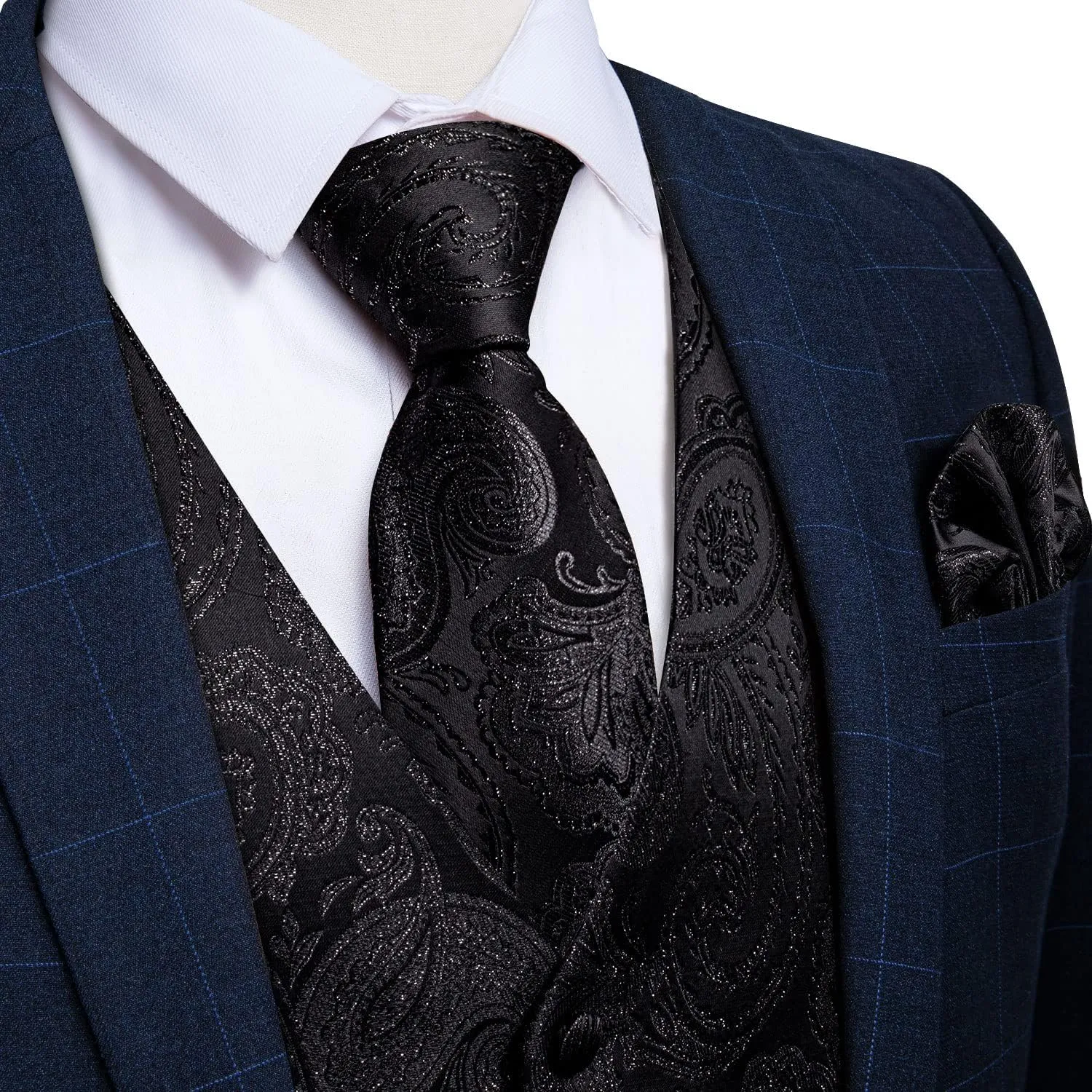 DiBanGu Mens Vest and Tie Set Formal Paisley Waistcoat and Necktie Pocket Square Cufflinks Silk Suit Vest for Tuxedo Wedding
