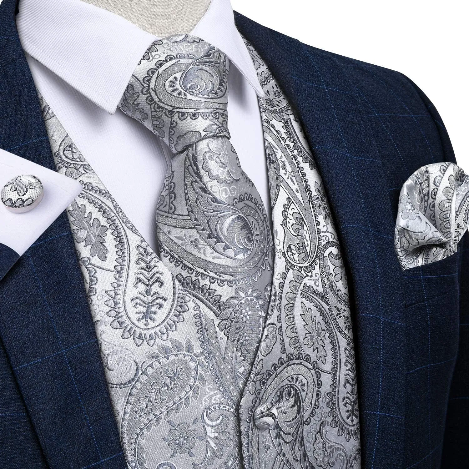DiBanGu Mens Vest and Tie Set Formal Paisley Waistcoat and Necktie Pocket Square Cufflinks Silk Suit Vest for Tuxedo Wedding