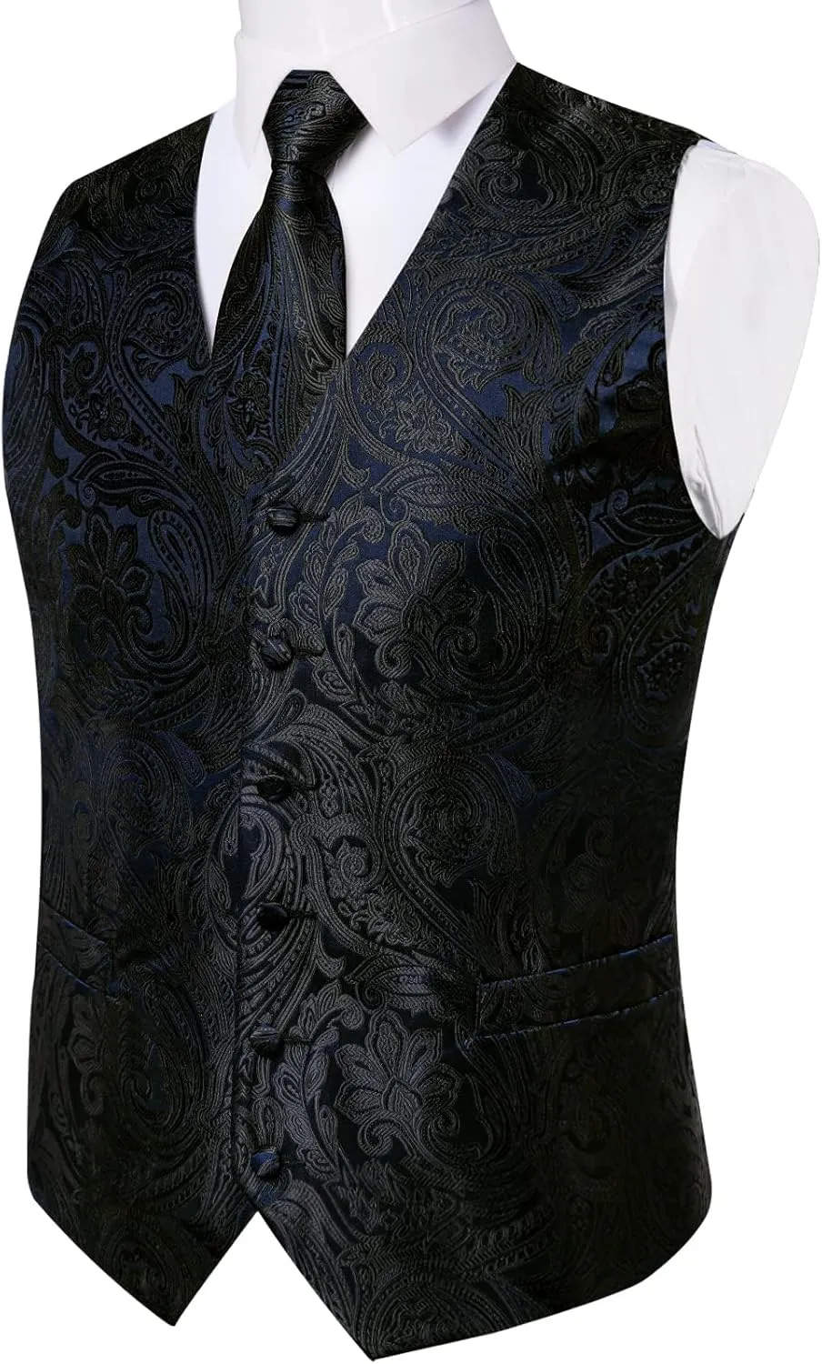 DiBanGu Mens Vest and Tie Set Formal Paisley Waistcoat and Necktie Pocket Square Cufflinks Silk Suit Vest for Tuxedo Wedding