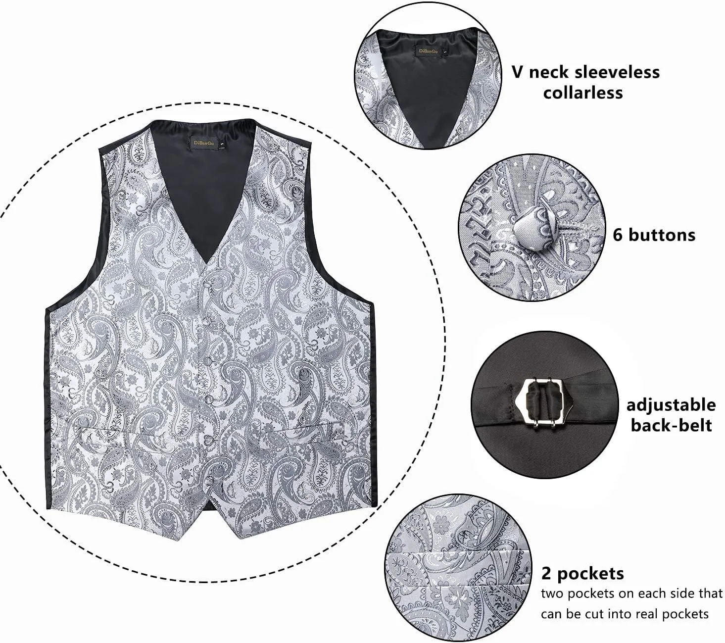 DiBanGu Mens Vest and Tie Set Formal Paisley Waistcoat and Necktie Pocket Square Cufflinks Silk Suit Vest for Tuxedo Wedding