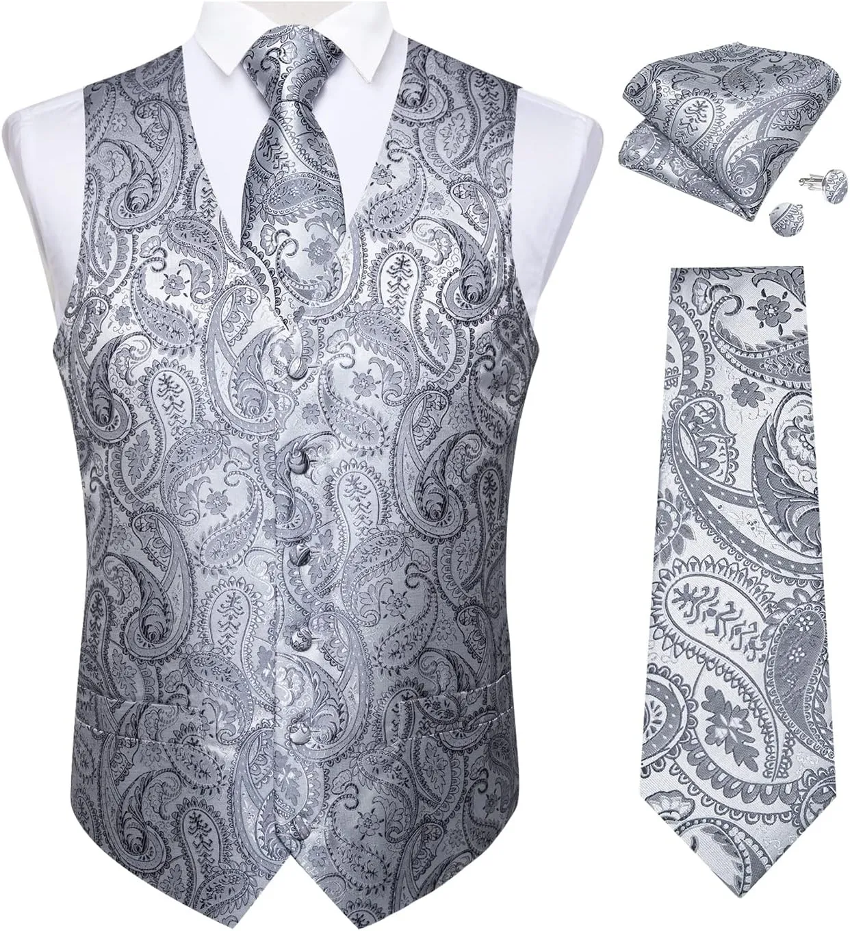 DiBanGu Mens Vest and Tie Set Formal Paisley Waistcoat and Necktie Pocket Square Cufflinks Silk Suit Vest for Tuxedo Wedding