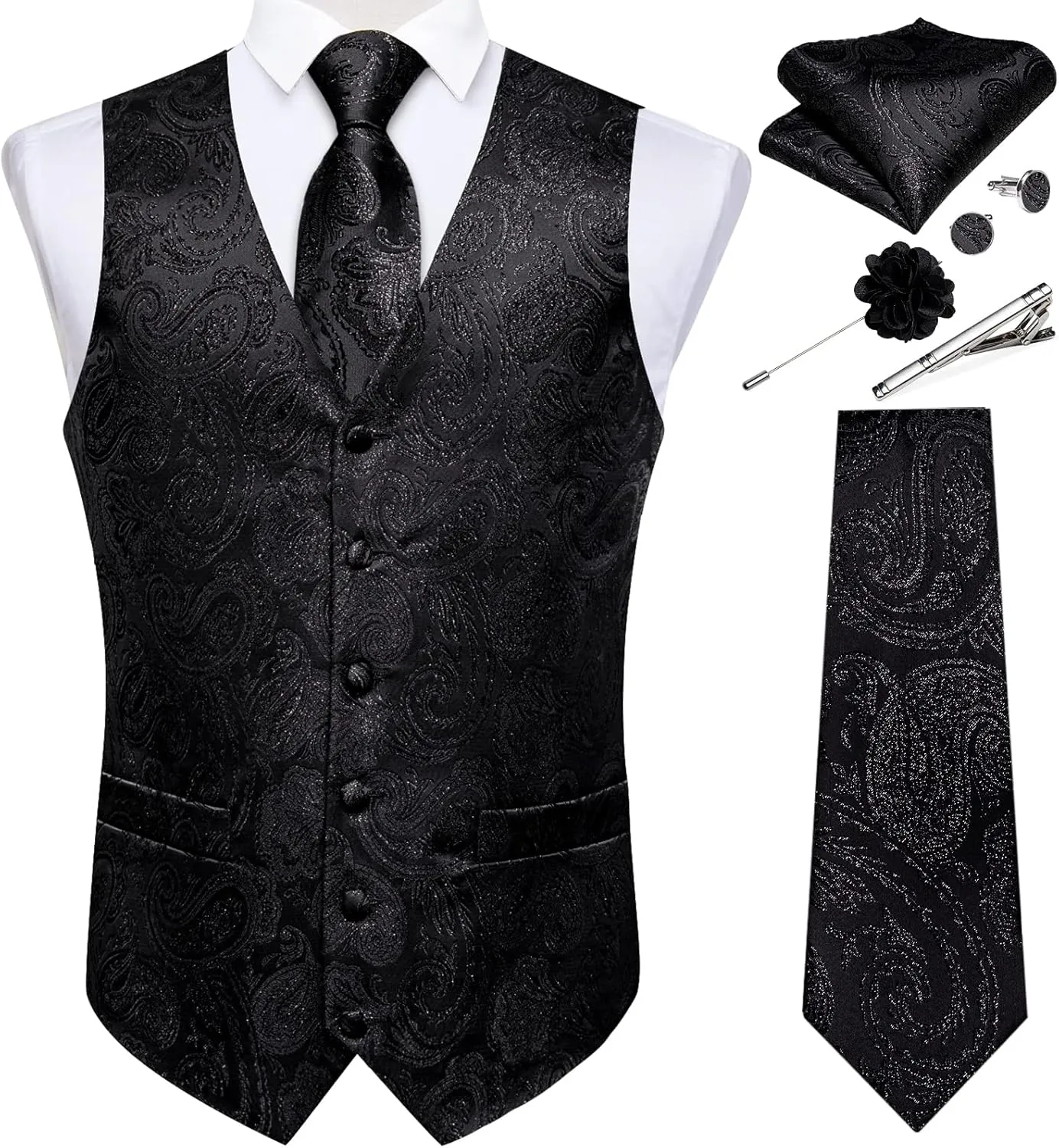 DiBanGu Mens Vest and Tie Set Formal Paisley Waistcoat and Necktie Pocket Square Cufflinks Silk Suit Vest for Tuxedo Wedding