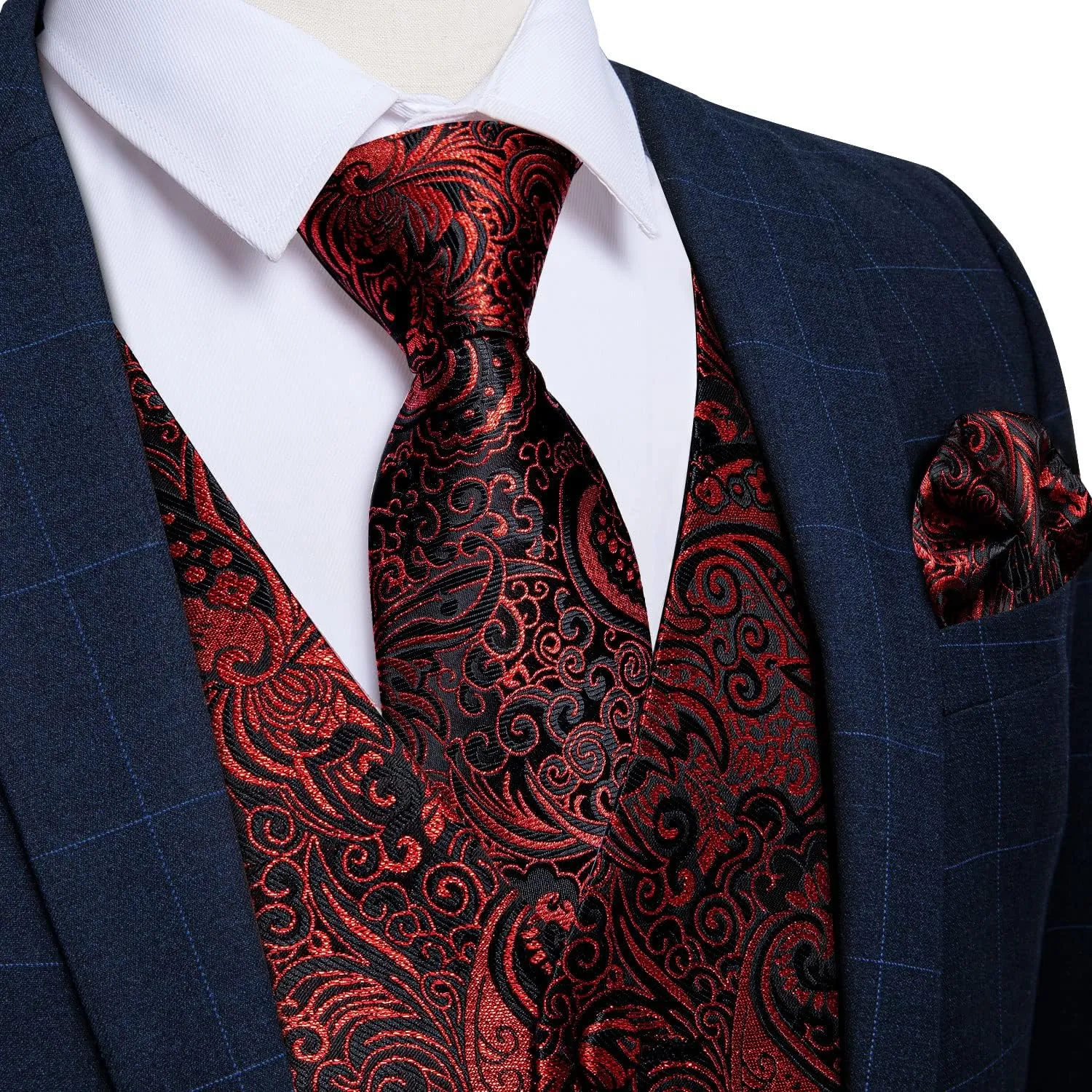 DiBanGu Mens Vest and Tie Set Formal Paisley Waistcoat and Necktie Pocket Square Cufflinks Silk Suit Vest for Tuxedo Wedding